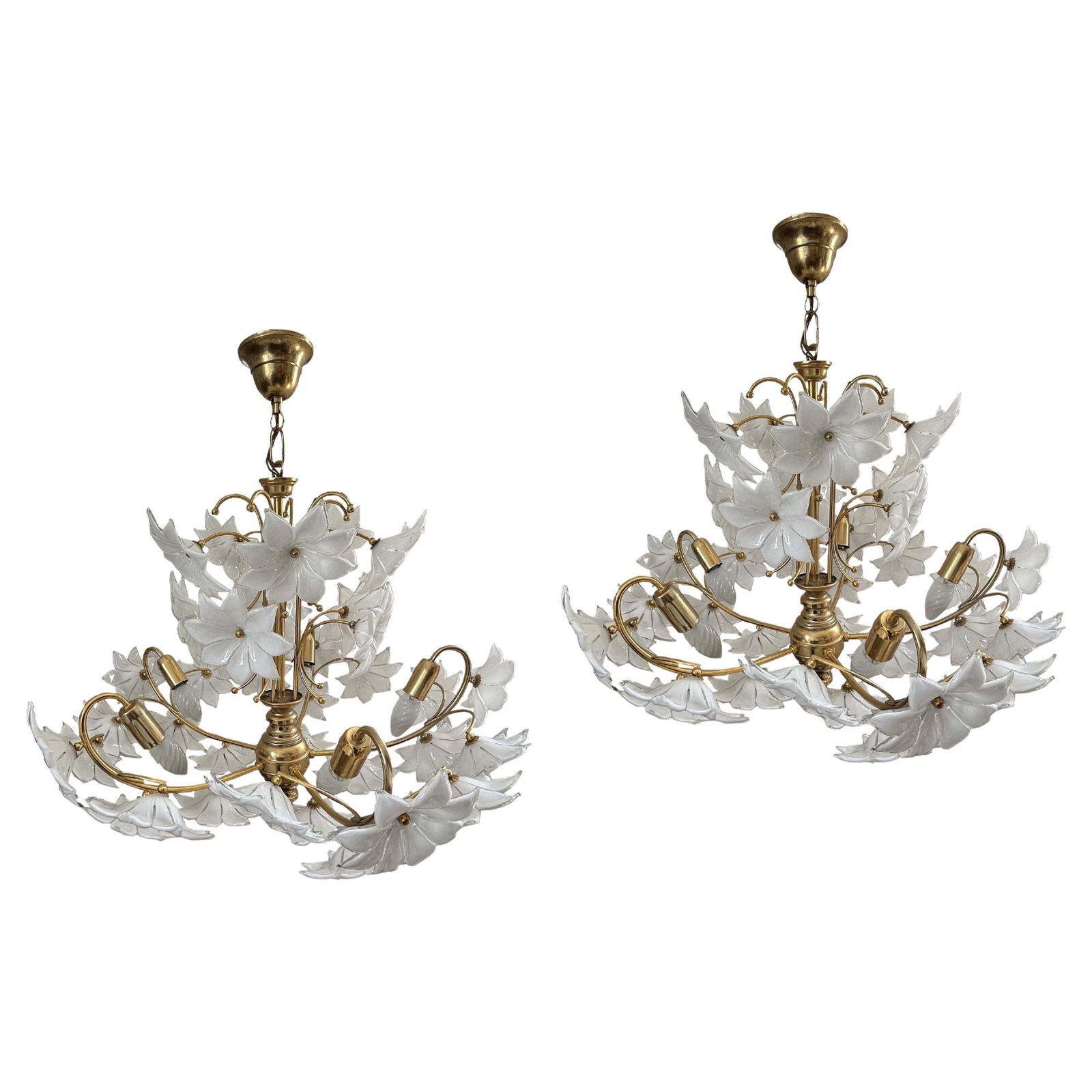 Daisies In The Sky, Pair Of Magnificent Murano White Flowers Chandelier, 1980