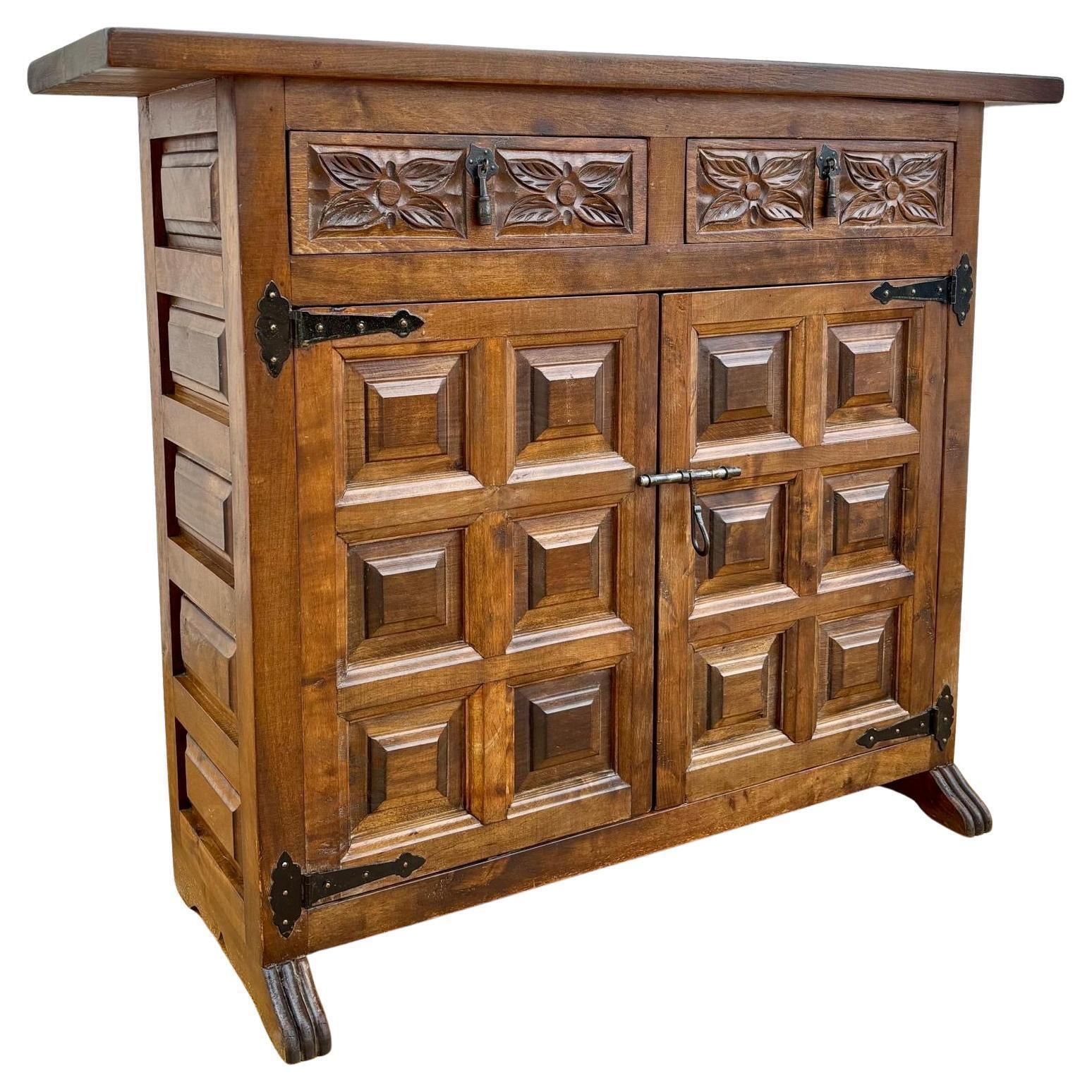 20th Century Catalán Spanish Dresser Carved In Walnut With Two Carved Drawers, 1