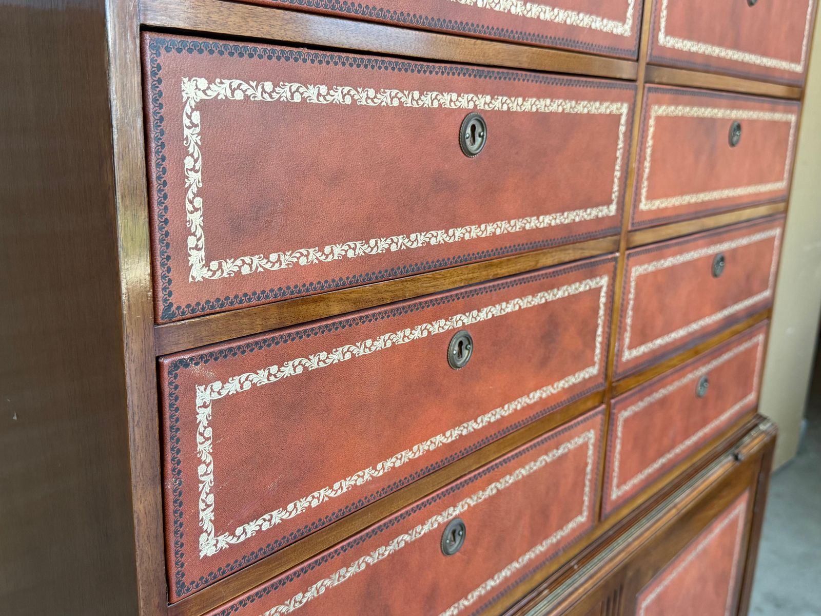 Furniture Vintage Chippendale Style Orange Tooled Leather Commode Chest Of Drawers, Desk photo