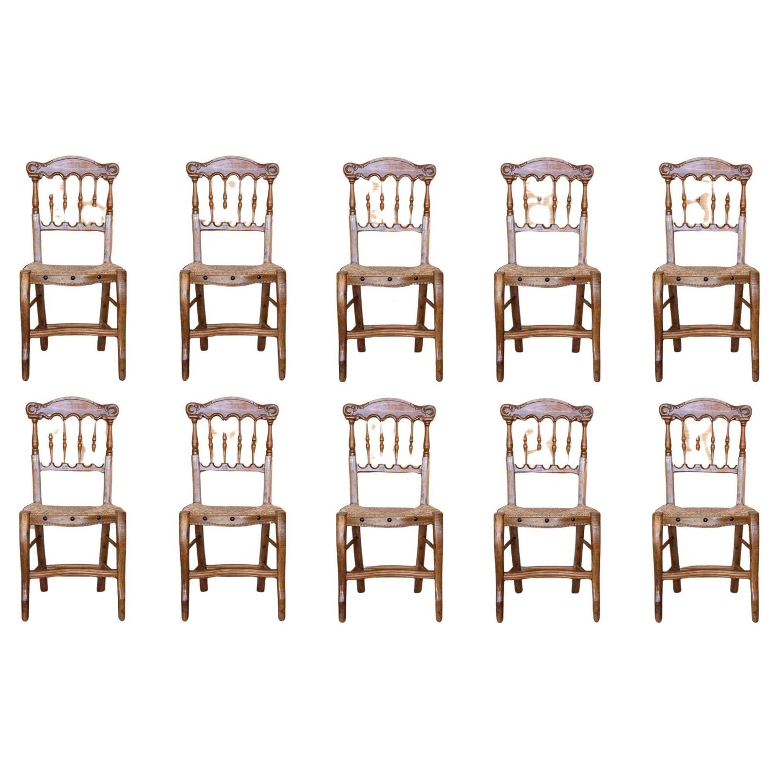 Chaises de salle à manger espagnoles XIXe siècle à larges assises cannées, lot de 10