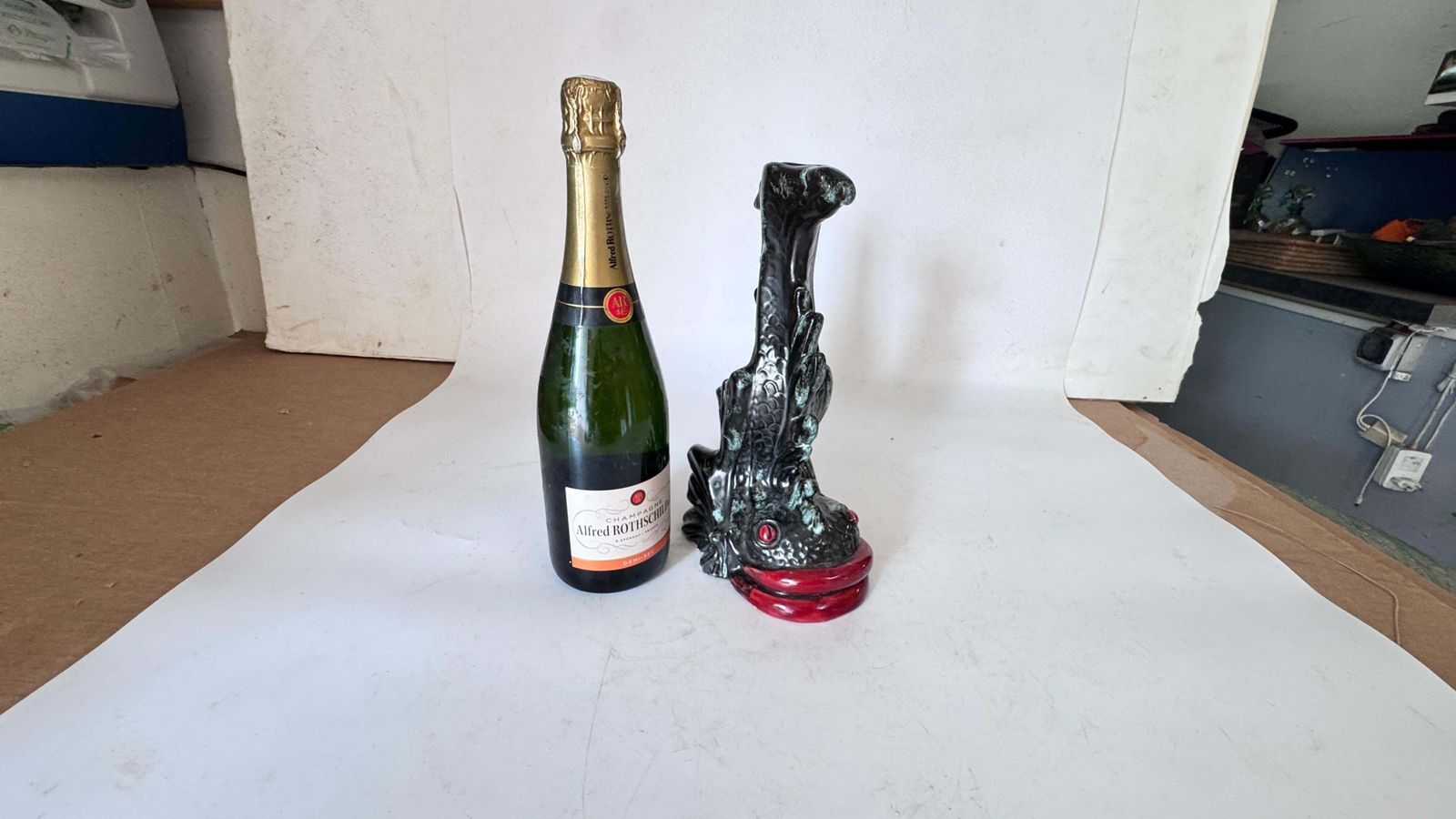 Sculptural Ceramic Candlestick – France – Black, Red & Green Glaze photo furniture