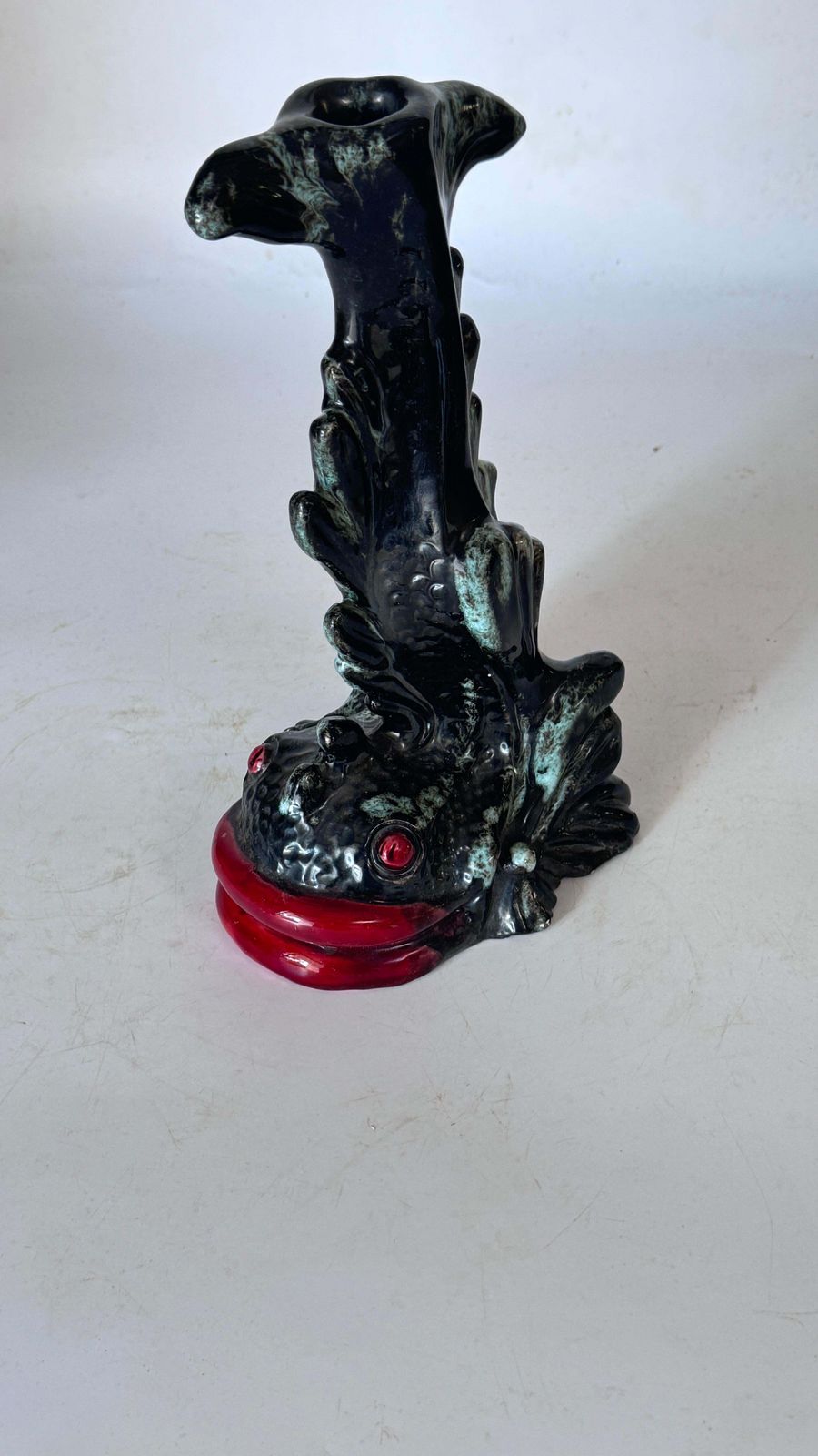 Sculptural Ceramic Candlestick – France – Black, Red & Green Glaze photo 468.0
