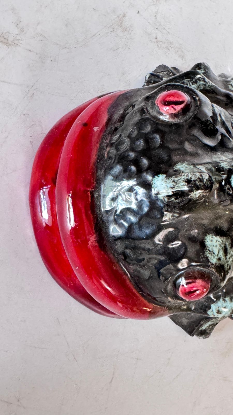 Sculptural Ceramic Candlestick – France – Black, Red & Green Glaze photo vinterior