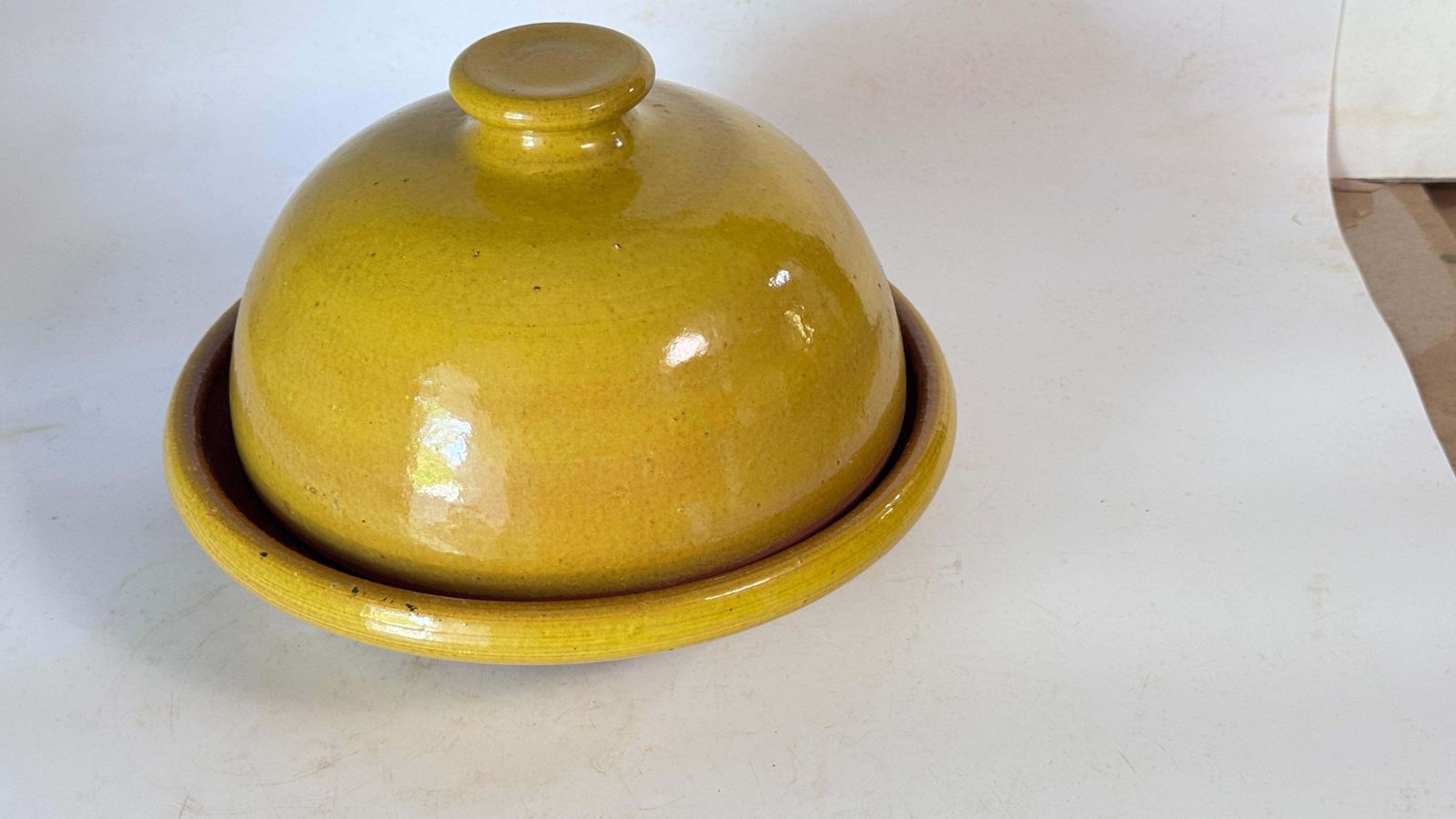 photo vintage Glazed Terracotta Tajine Soup Tureen Early 20th Century Yellow Enameled Pottery