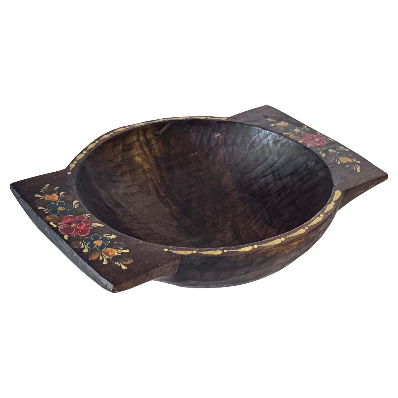 19th Century French Provincial Wooden Bowl Hand Painted Floral Motifs
