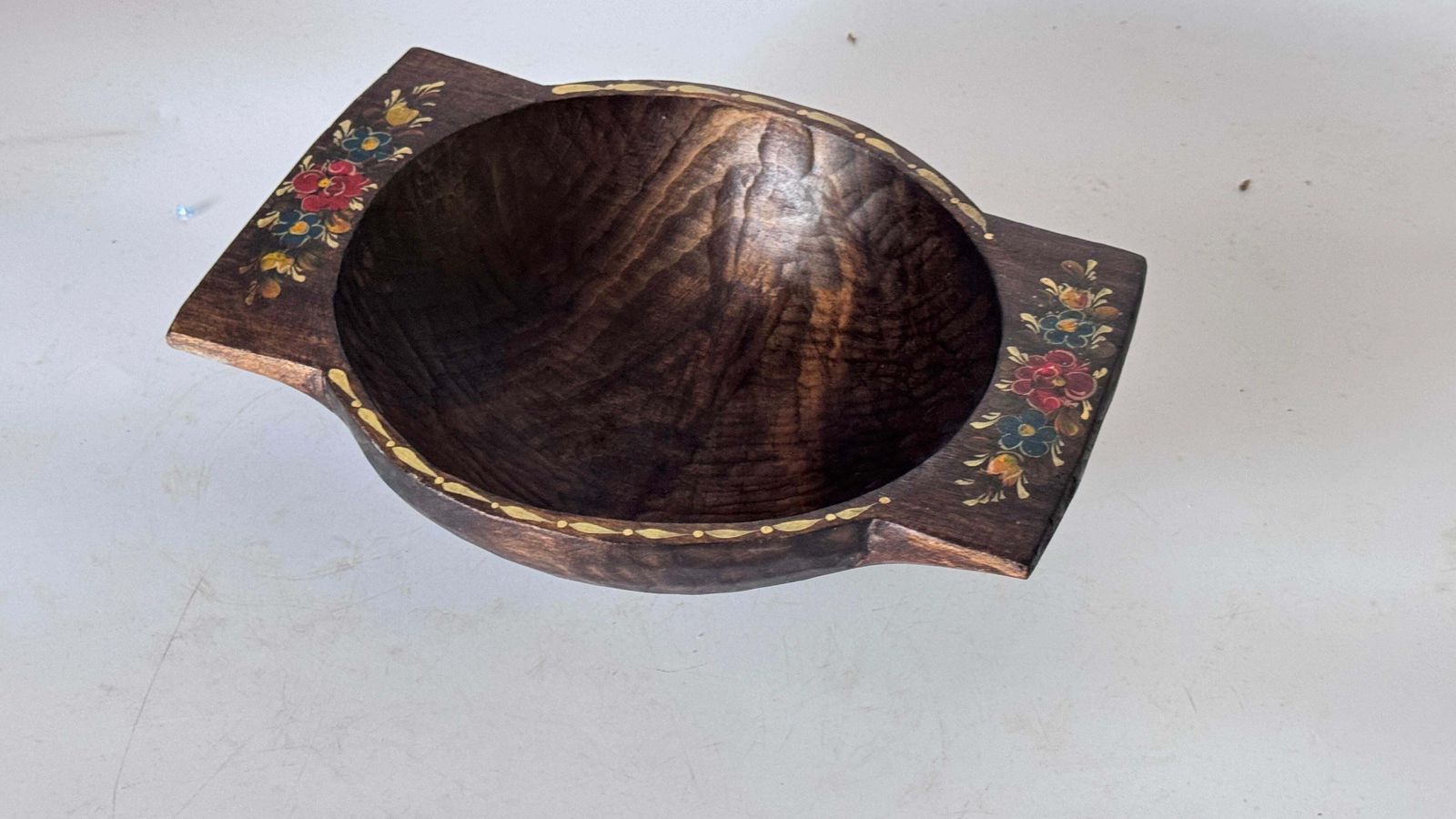 19th Century French Provincial Wooden Bowl Hand Painted Floral Motifs photo Home Decor