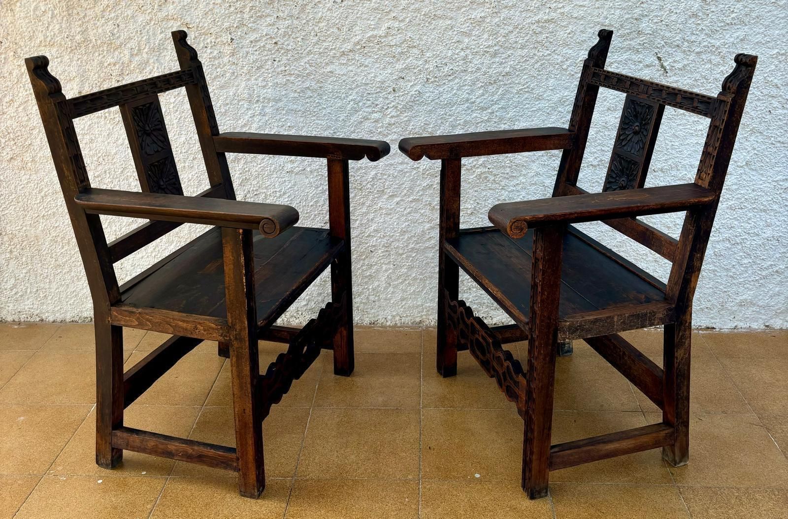Set Of 19th Century Spanish Colonial Carved Altar Armchairs With Wooden Seats photo furniture