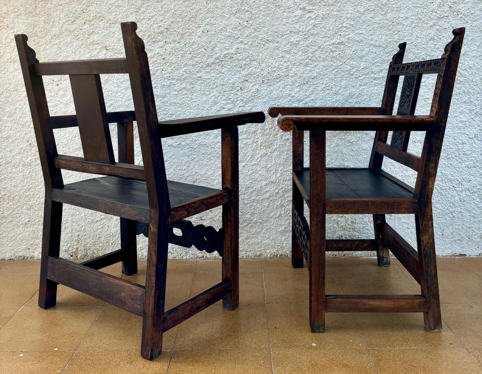 Set Of 19th Century Spanish Colonial Carved Altar Armchairs With Wooden Seats photo vinterior