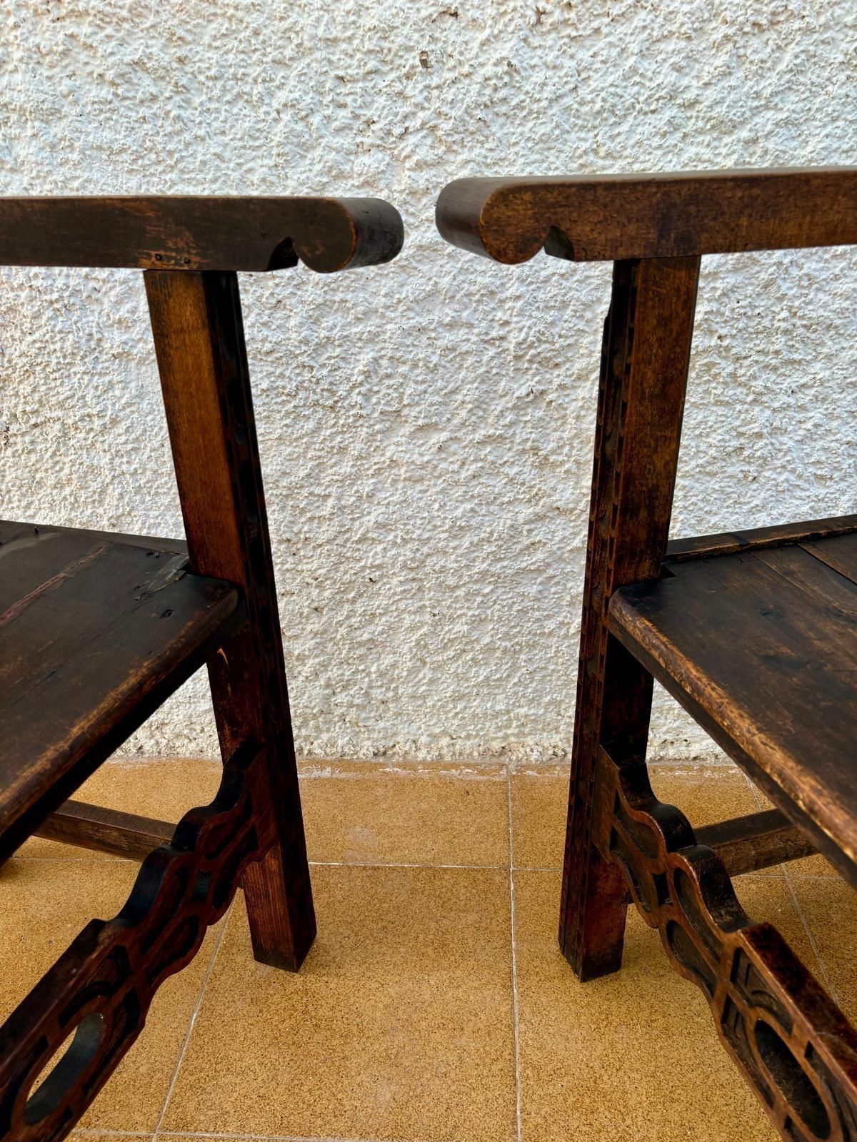 Furniture Set Of 19th Century Spanish Colonial Carved Altar Armchairs With Wooden Seats photo