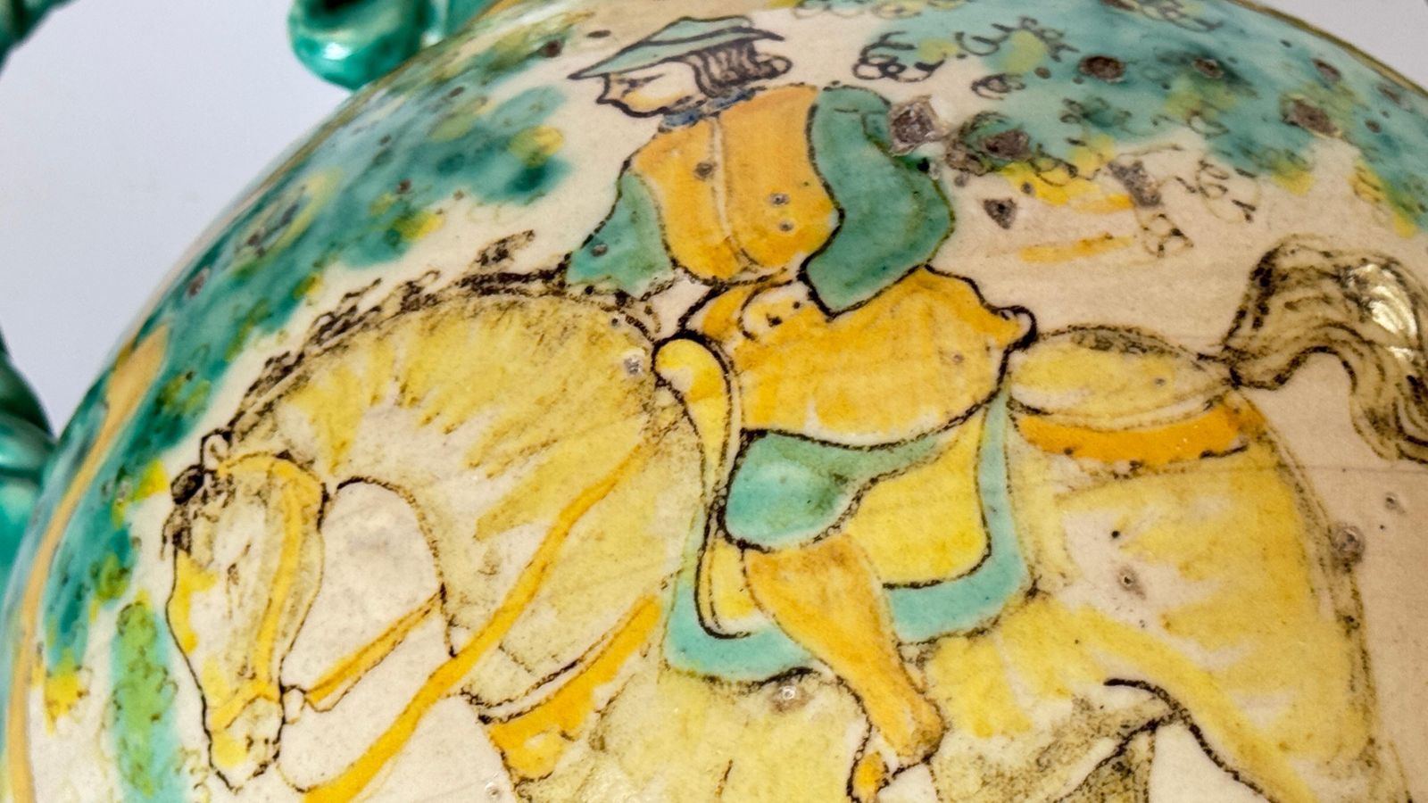 Home Decor Large Italian Ceramic Vase – Green & Yellow – Knight On Horseback – 1970s photo