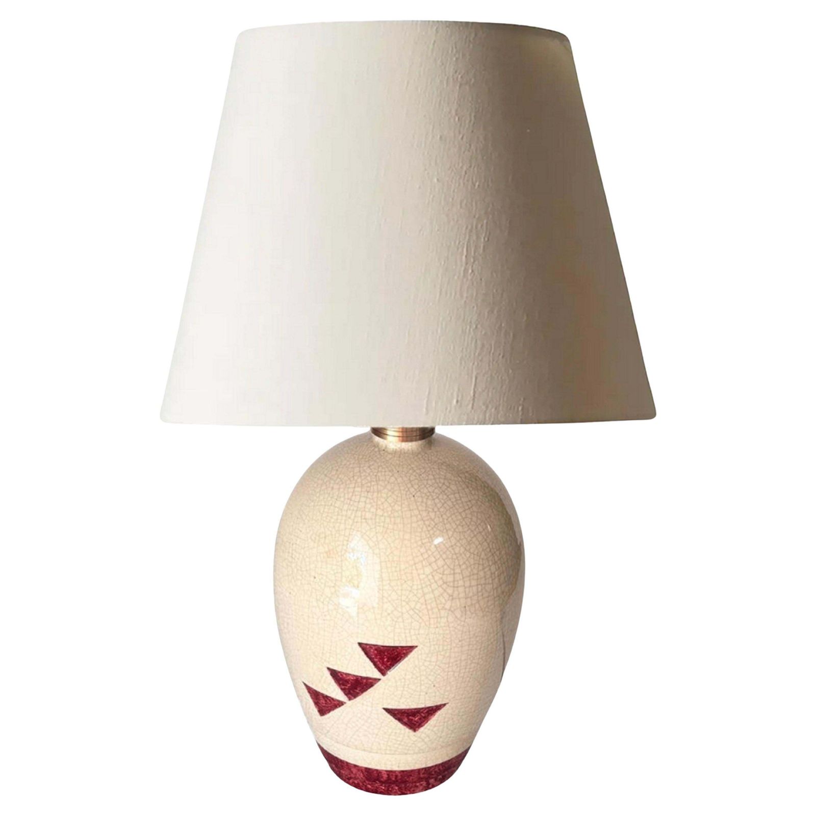 1930s French Art Deco Lamp In Crackled Ceramic And Brass  Geometric Red Motifs