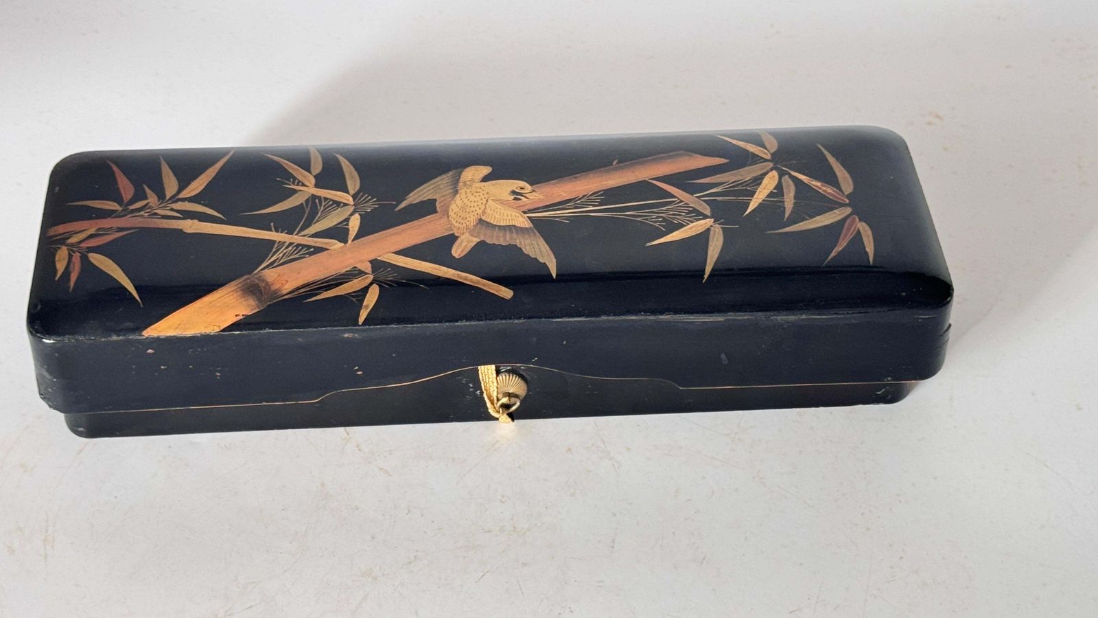 Home Decor 20th Century Japanese Black Lacquer Box With Gold Bird And Reed Motif Decorative photo
