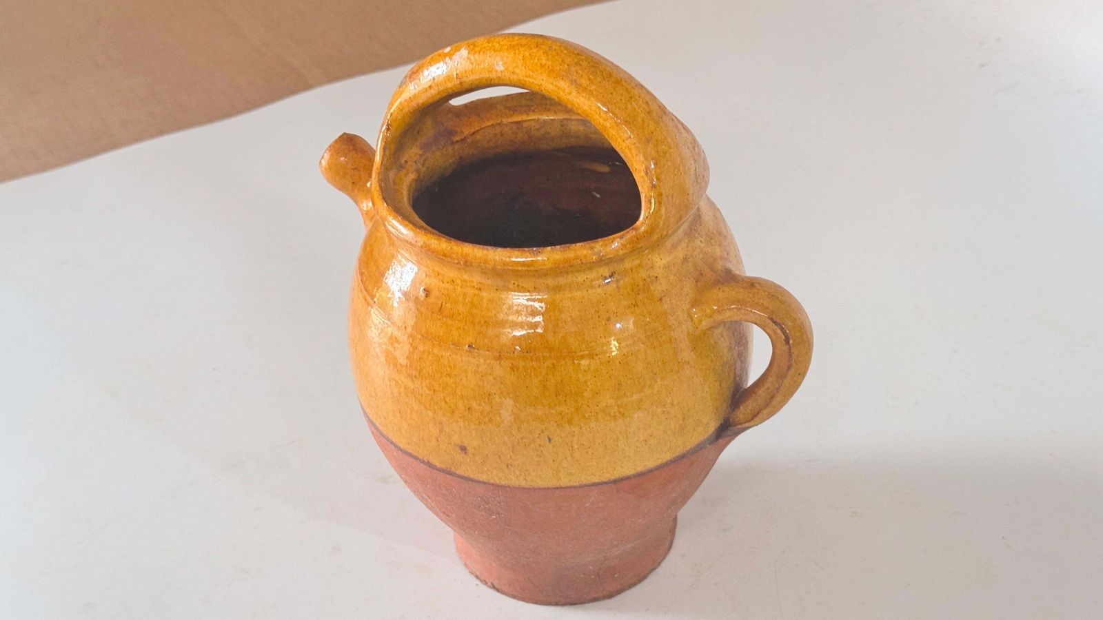 1970s French Glazed Pottery Jar Yellow &Natural Terracotta French Provencial photo Home Decor
