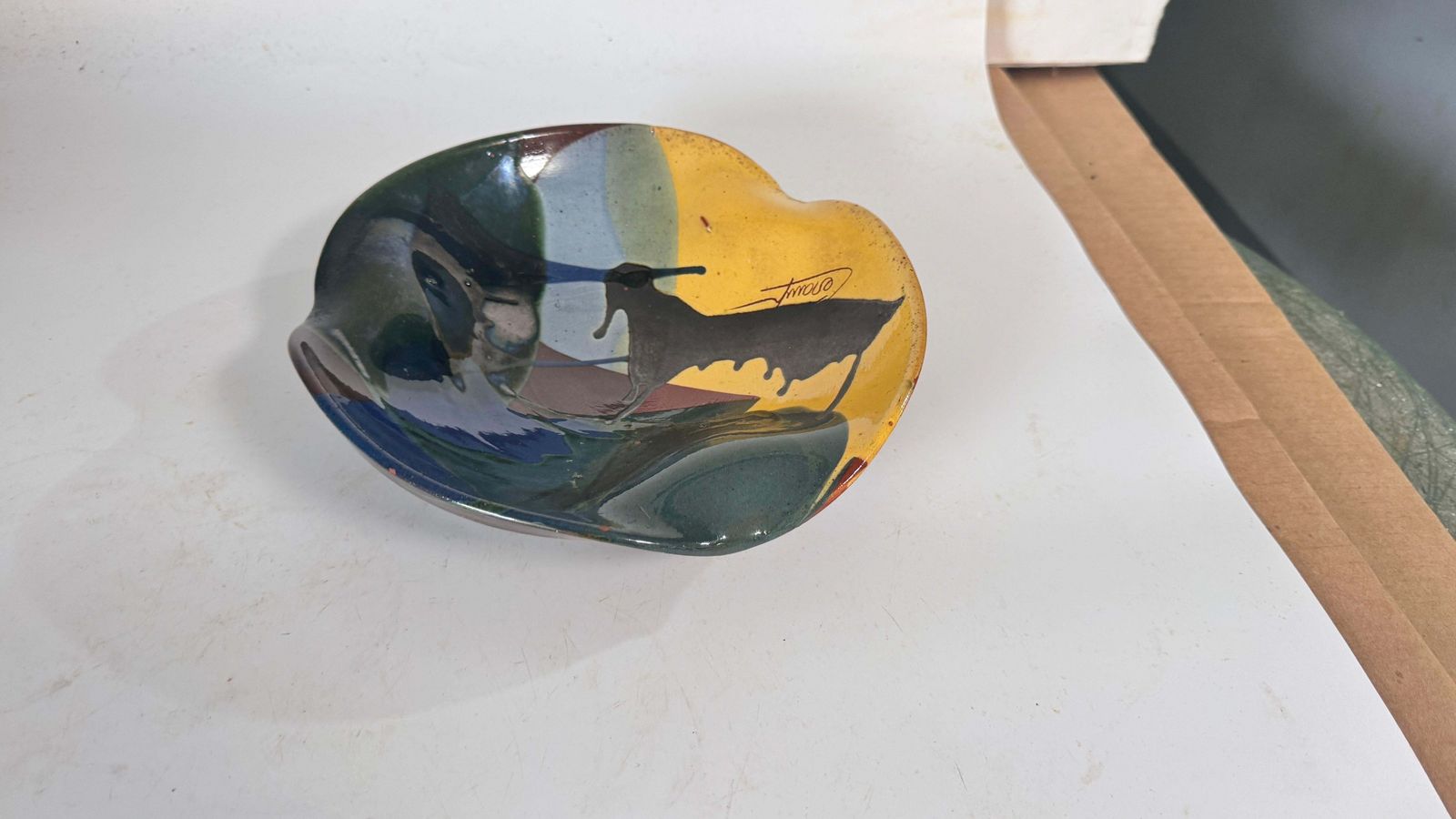 1970s French Glazed Pottery Platter With Bull Motif, Vibrant Southern Colors photo buy