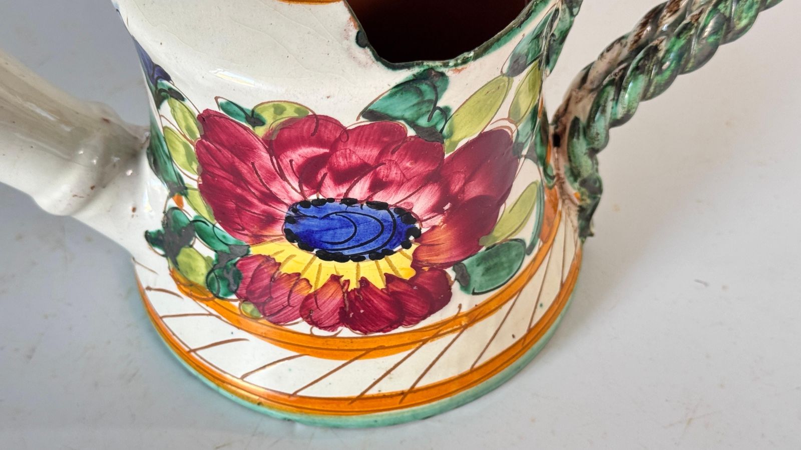 Hand Painted 20th Century Ceramic Indoor Watering Can Floral Motifs photo vintage