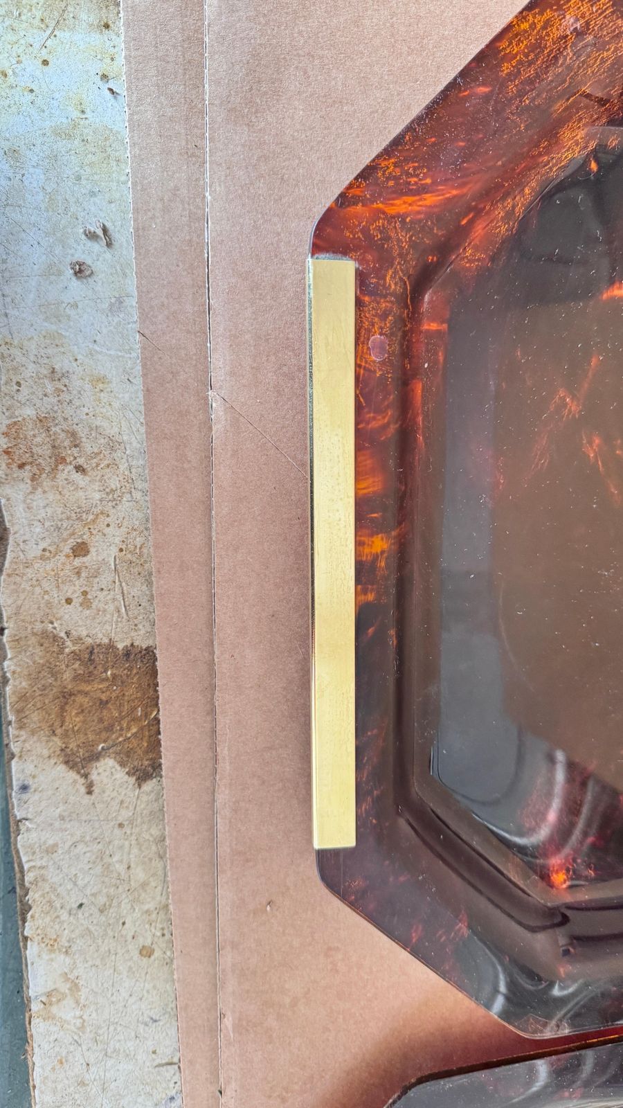 Pair 1970s French Lucite Trays With Brass Handles, Transparent Brown &Gold photo Home Decor