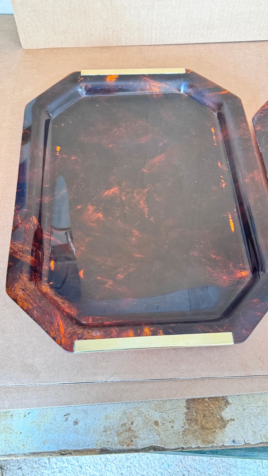 Pair 1970s French Lucite Trays With Brass Handles, Transparent Brown &Gold photo vinterior