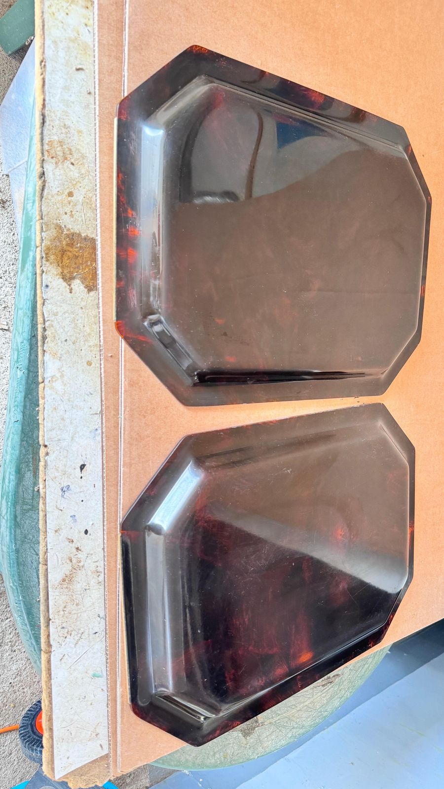 photo furniture Pair 1970s French Lucite Trays With Brass Handles, Transparent Brown &Gold