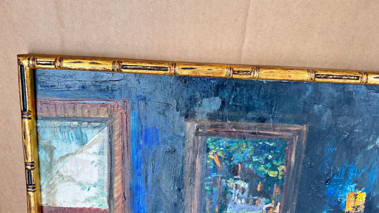 photo for sale 1970s French Still Life Painting, Bold Colors & Thick Texture, Faux Bamboo Gilde