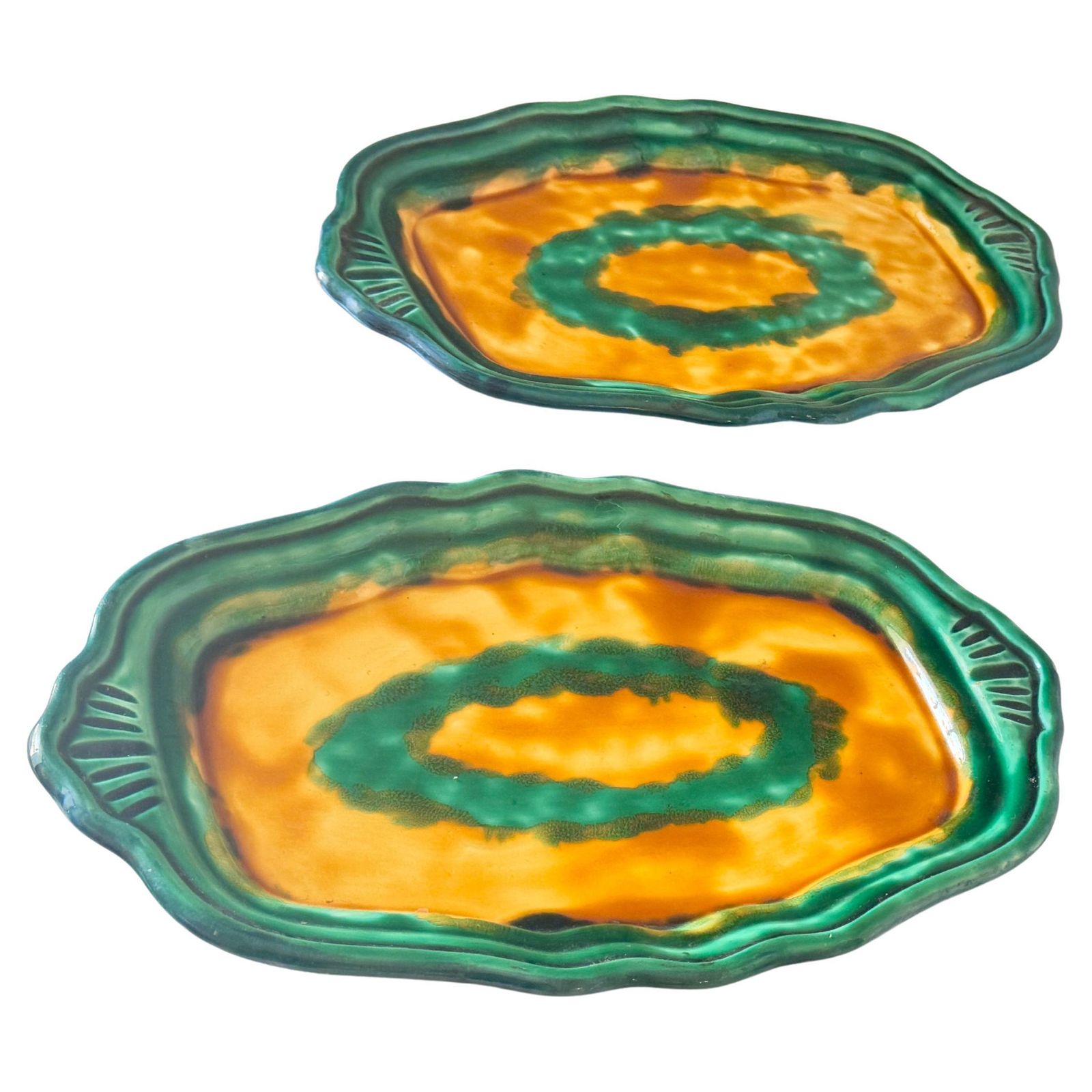 Pair Of 1970s French Ceramic Serving Dishes, Layered Rim Design, Green, Yellow photo for sale