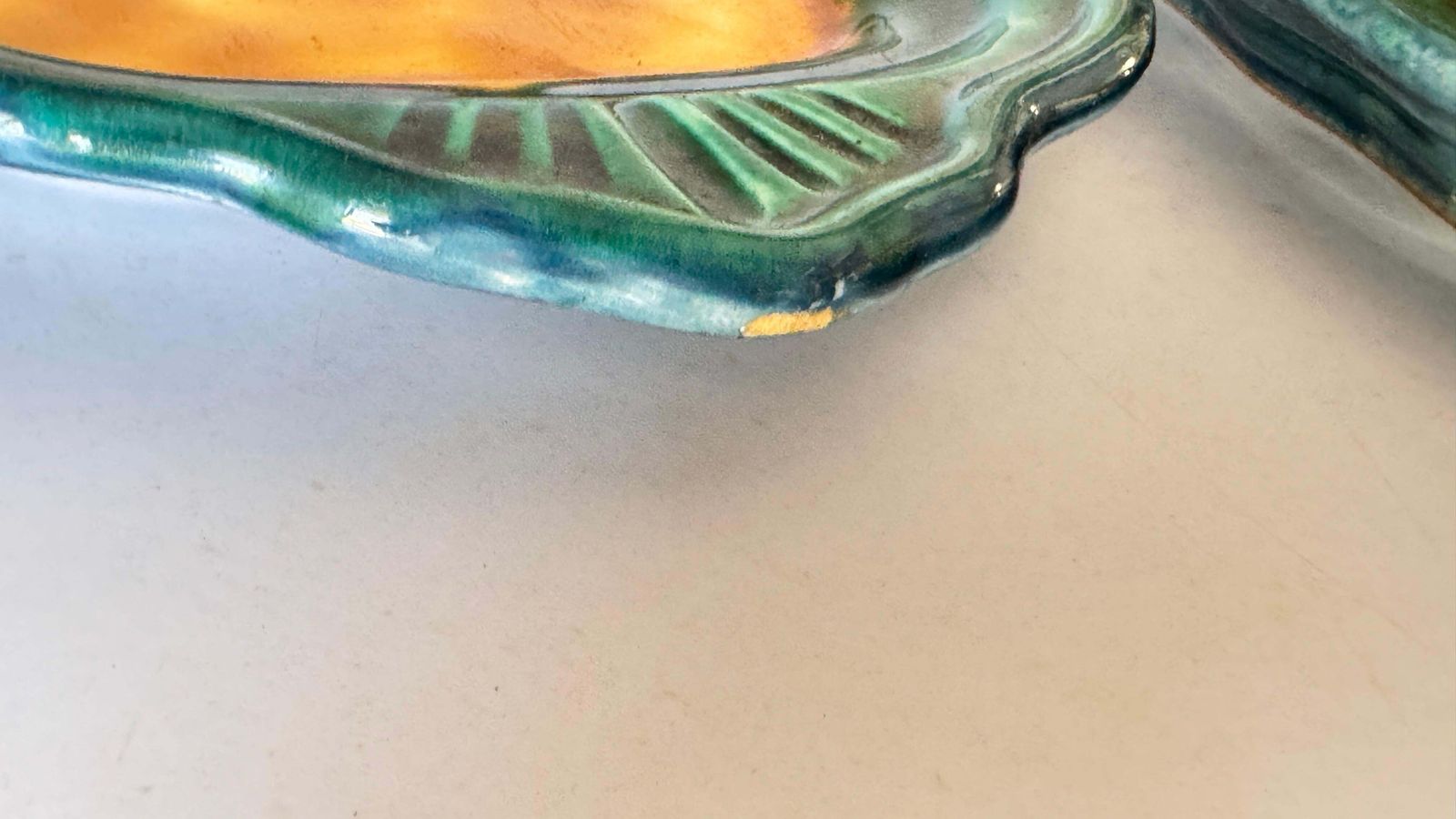 Pair Of 1970s French Ceramic Serving Dishes, Layered Rim Design, Green, Yellow photo vintage