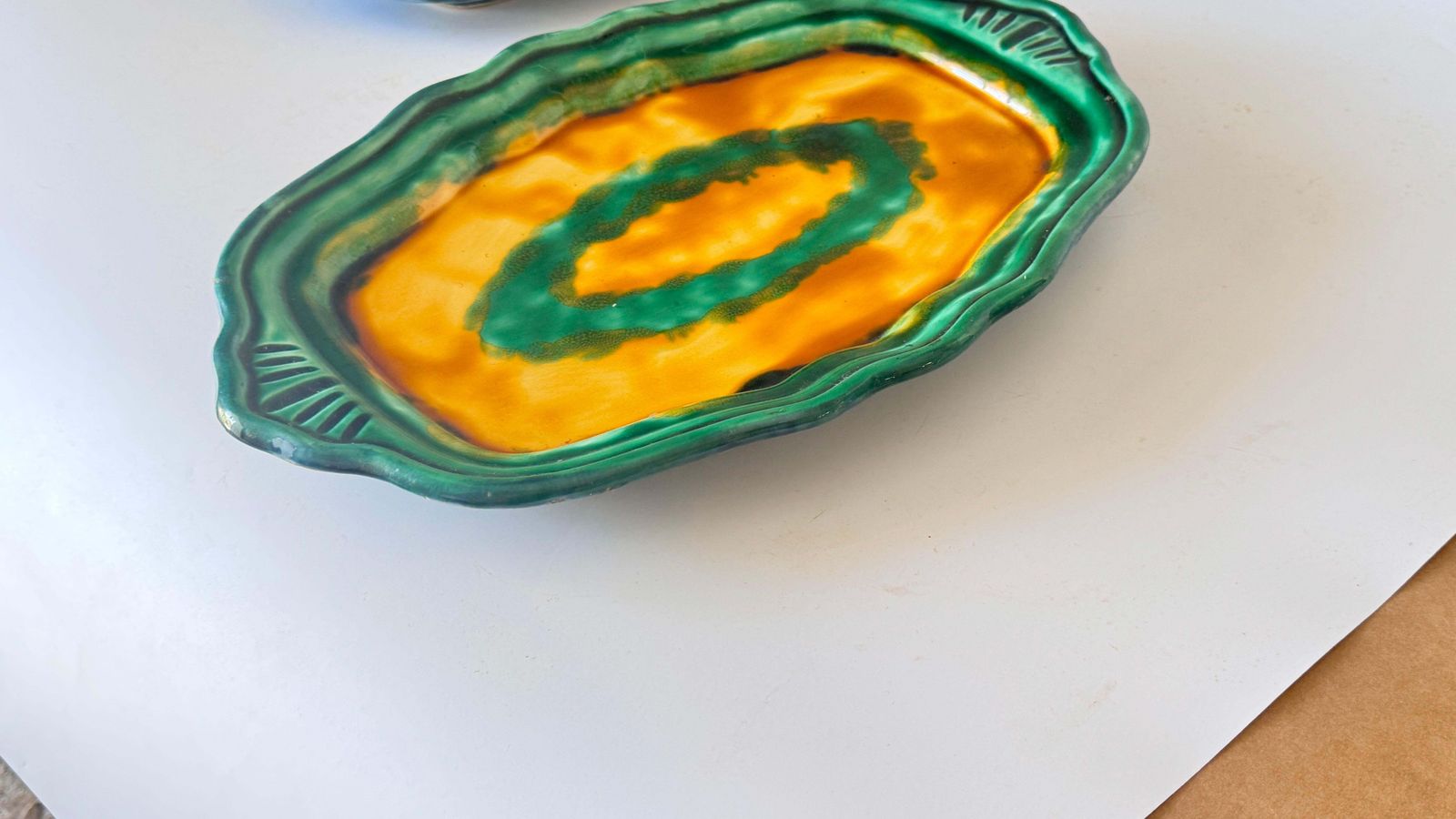 478.0 Pair Of 1970s French Ceramic Serving Dishes, Layered Rim Design, Green, Yellow photo