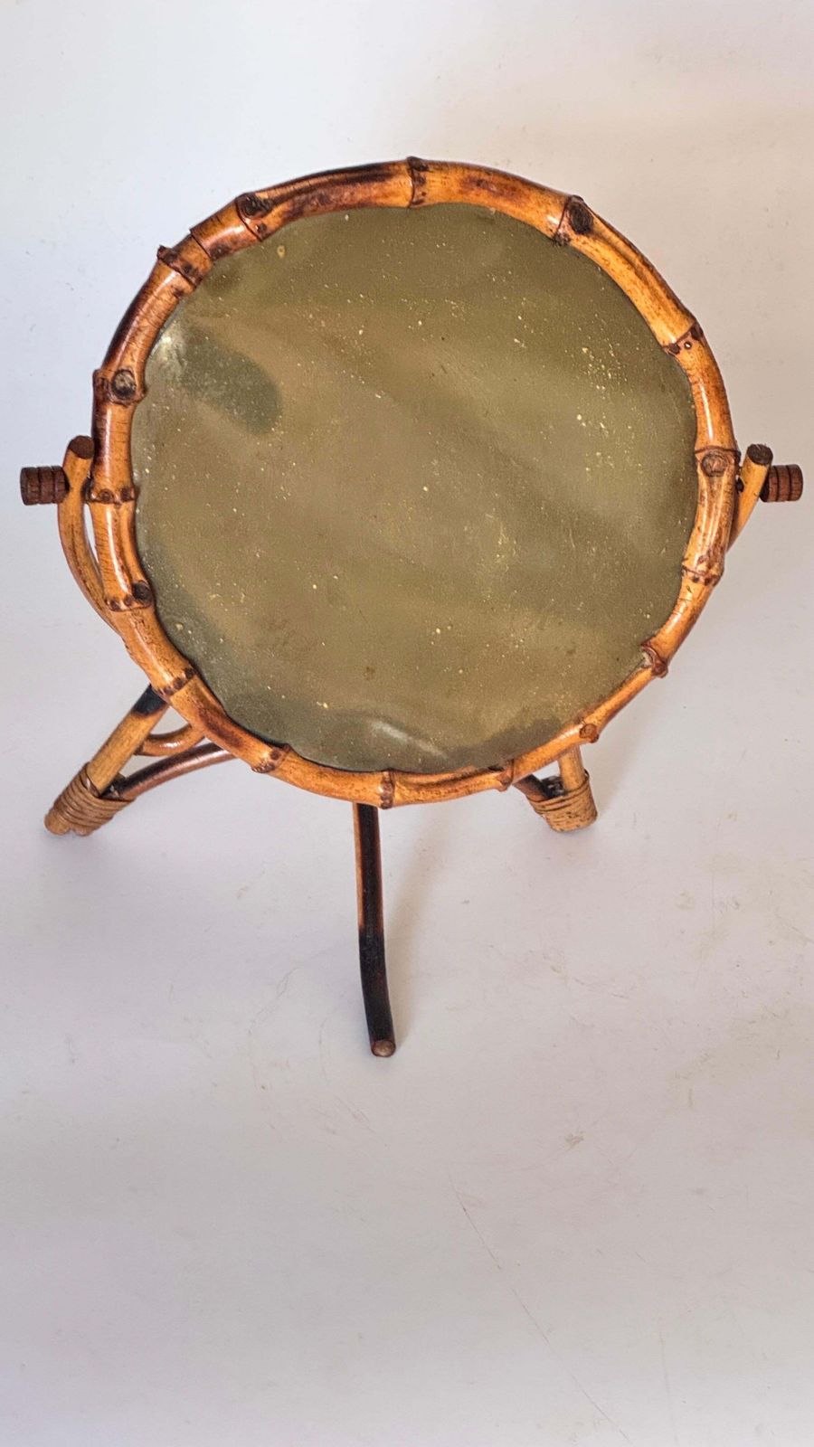 1960s French Riviera Tripod Table Mirror In Rattan, Adjustable Circular Design photo vinterior