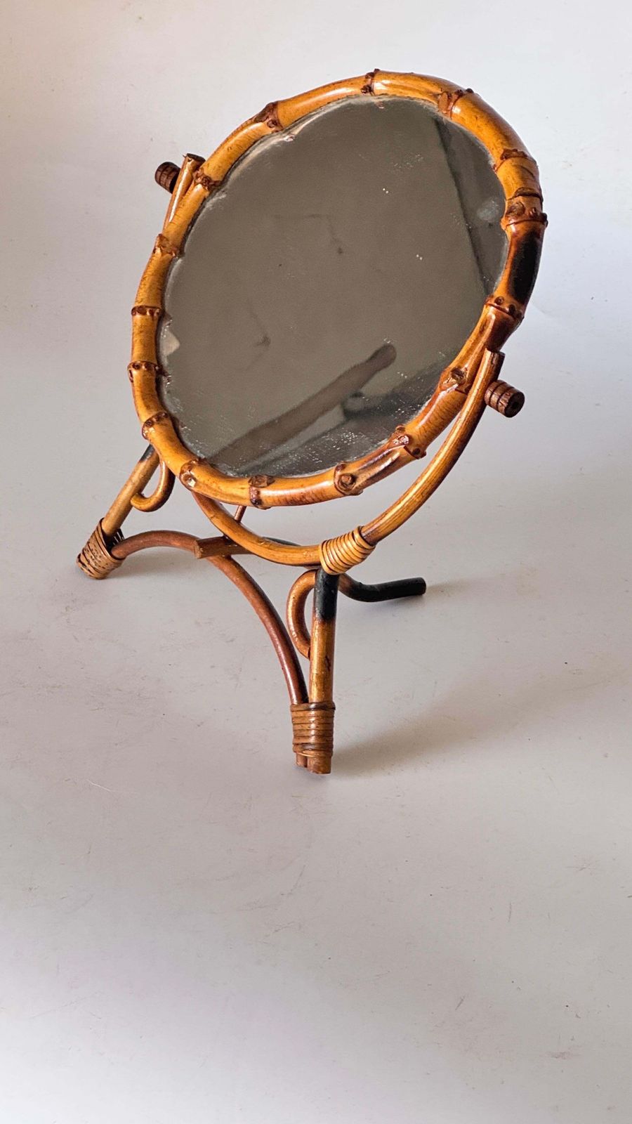 1960s French Riviera Tripod Table Mirror In Rattan, Adjustable Circular Design photo vintage