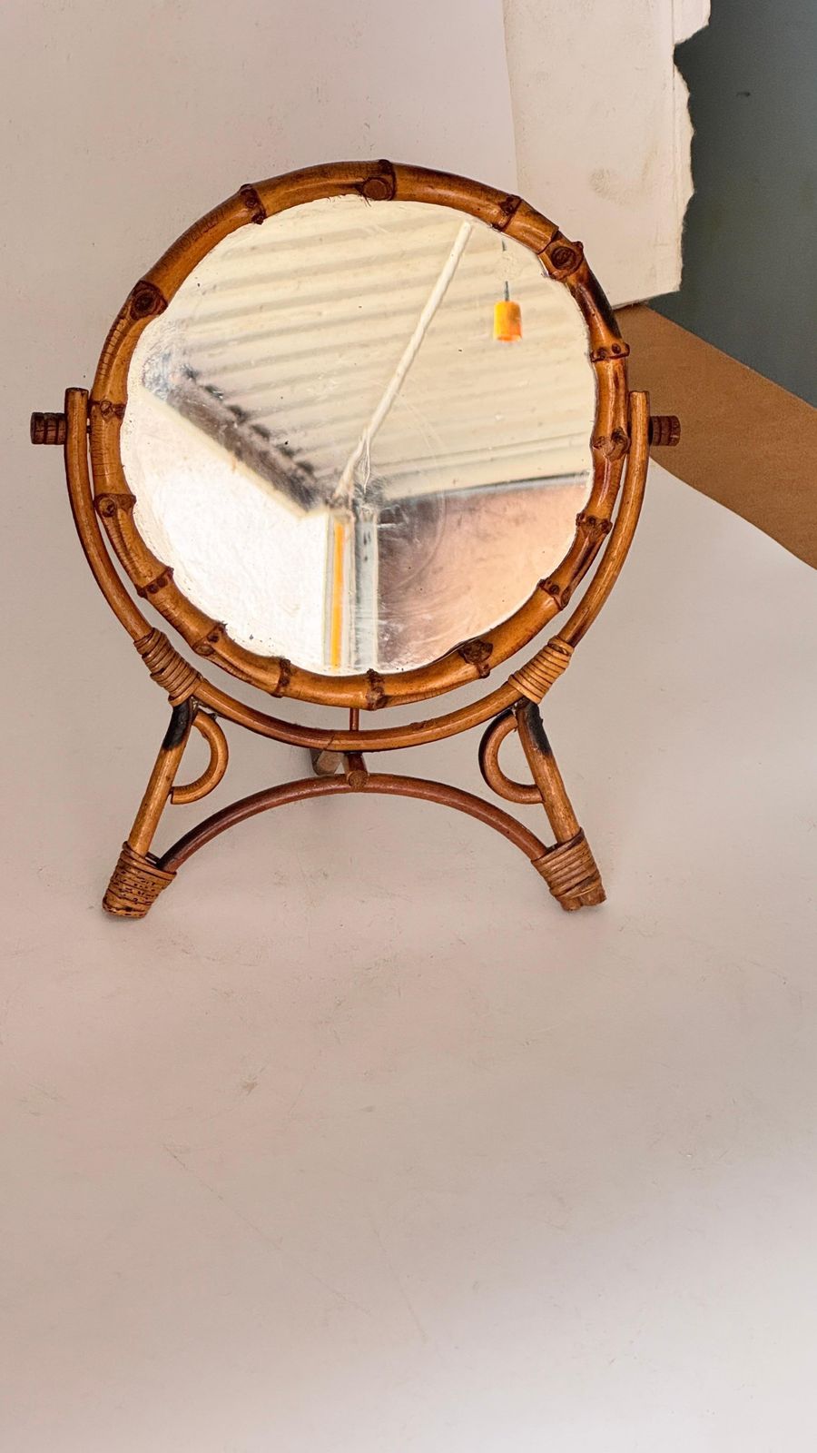 photo for sale 1960s French Riviera Tripod Table Mirror In Rattan, Adjustable Circular Design