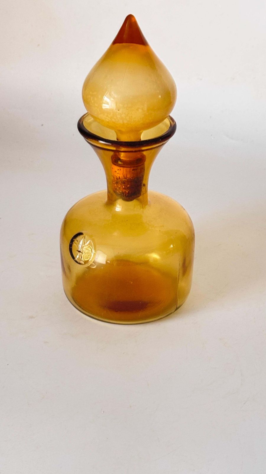 Home Decor 1960s Italian Art Glass Bottle With Large Blown Glass Stopper, Yellow Orange Hue photo