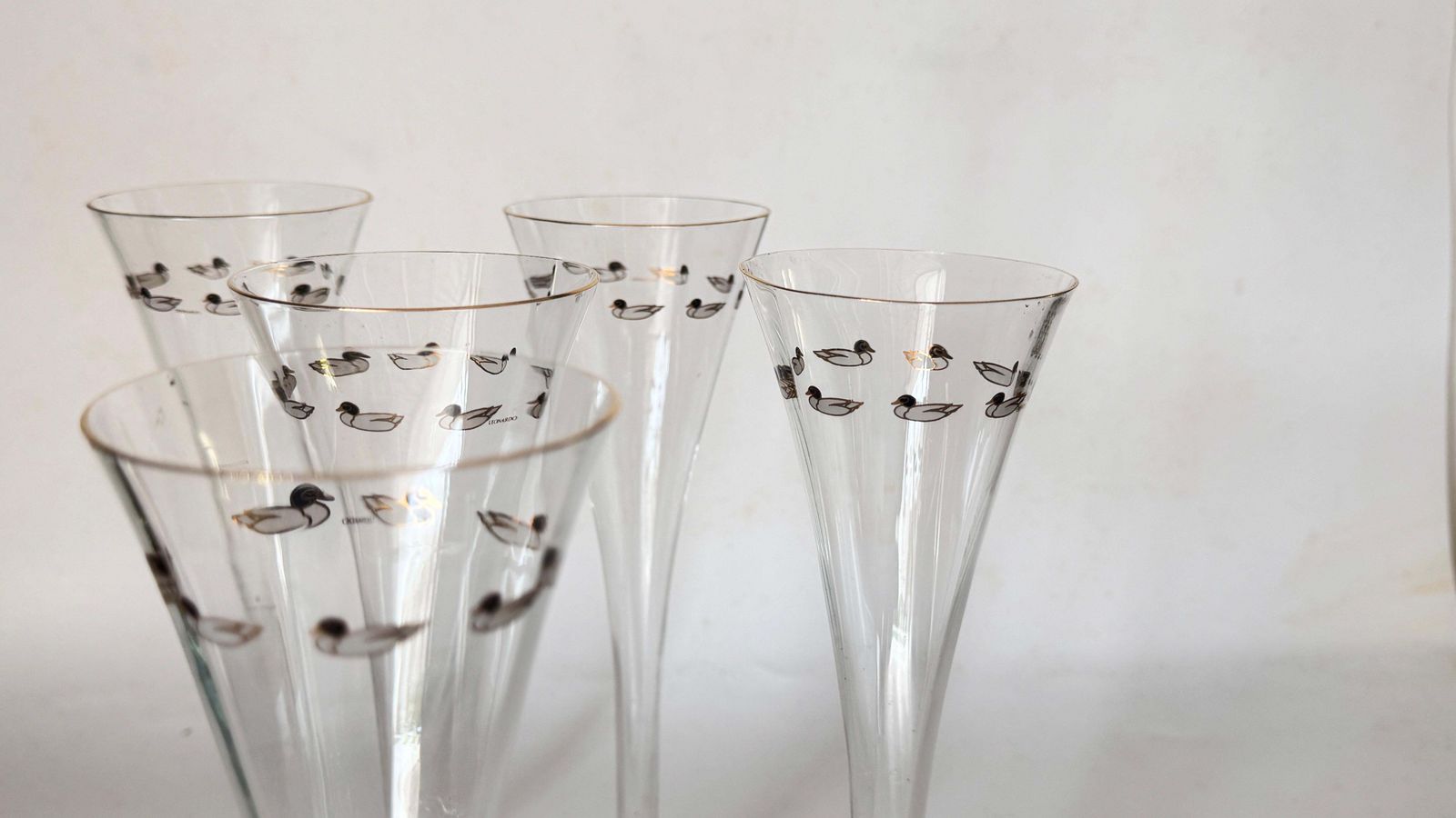 photo furniture Set Of Six French Crystal Champagne Coupes, Single Piece Design With Duck Motifs