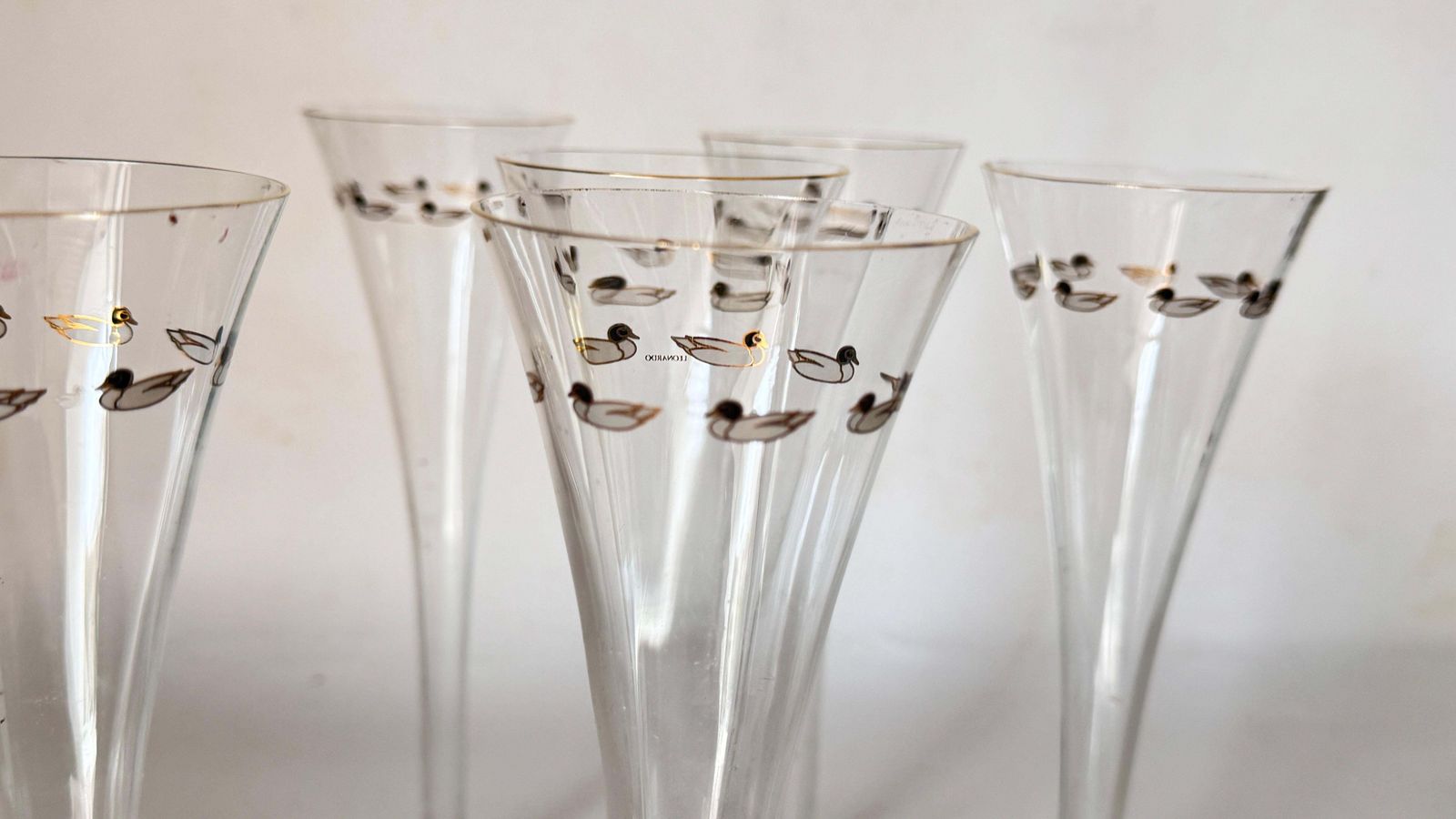 photo for sale Set Of Six French Crystal Champagne Coupes, Single Piece Design With Duck Motifs