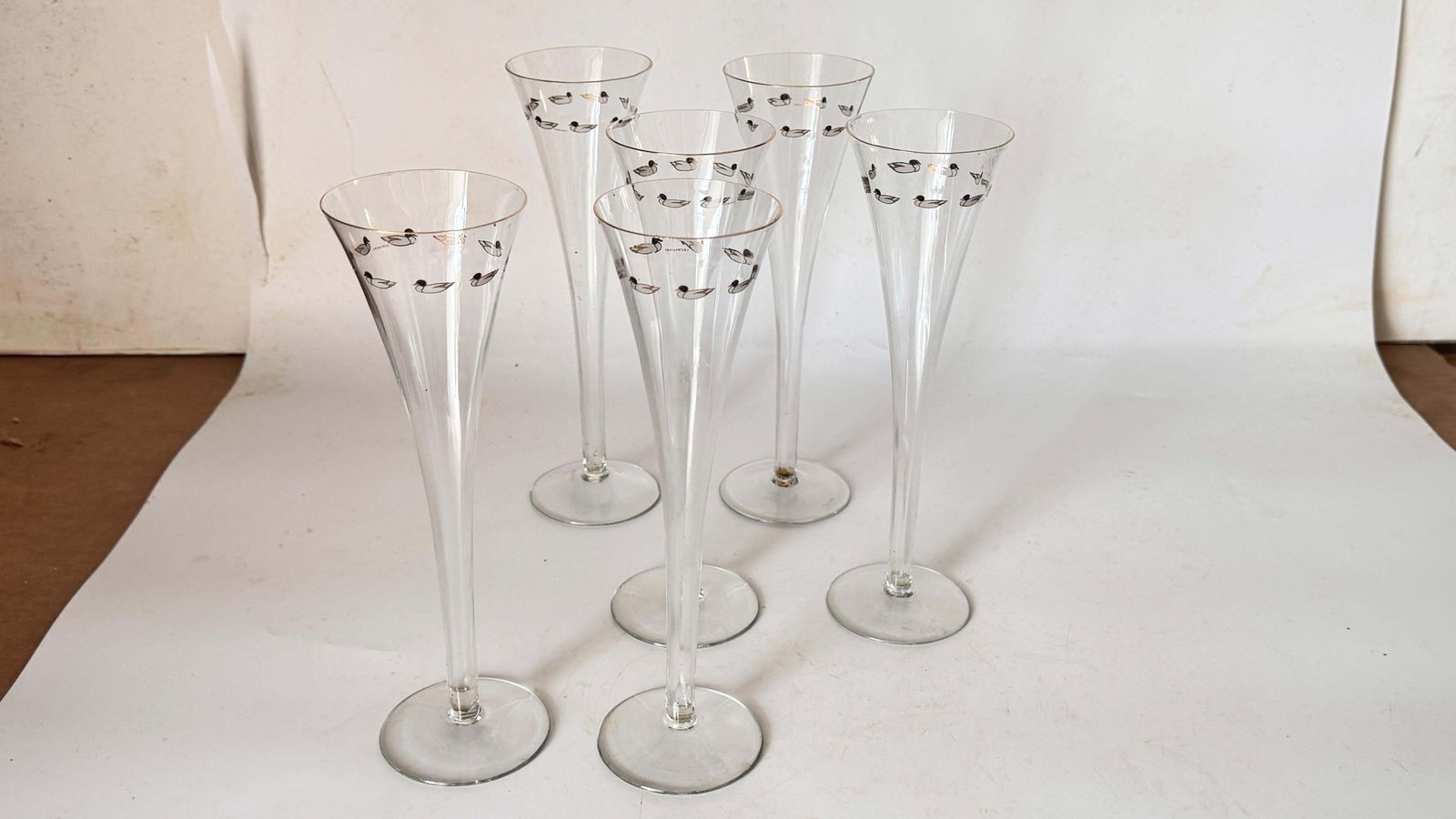 Home Decor Set Of Six French Crystal Champagne Coupes, Single Piece Design With Duck Motifs photo