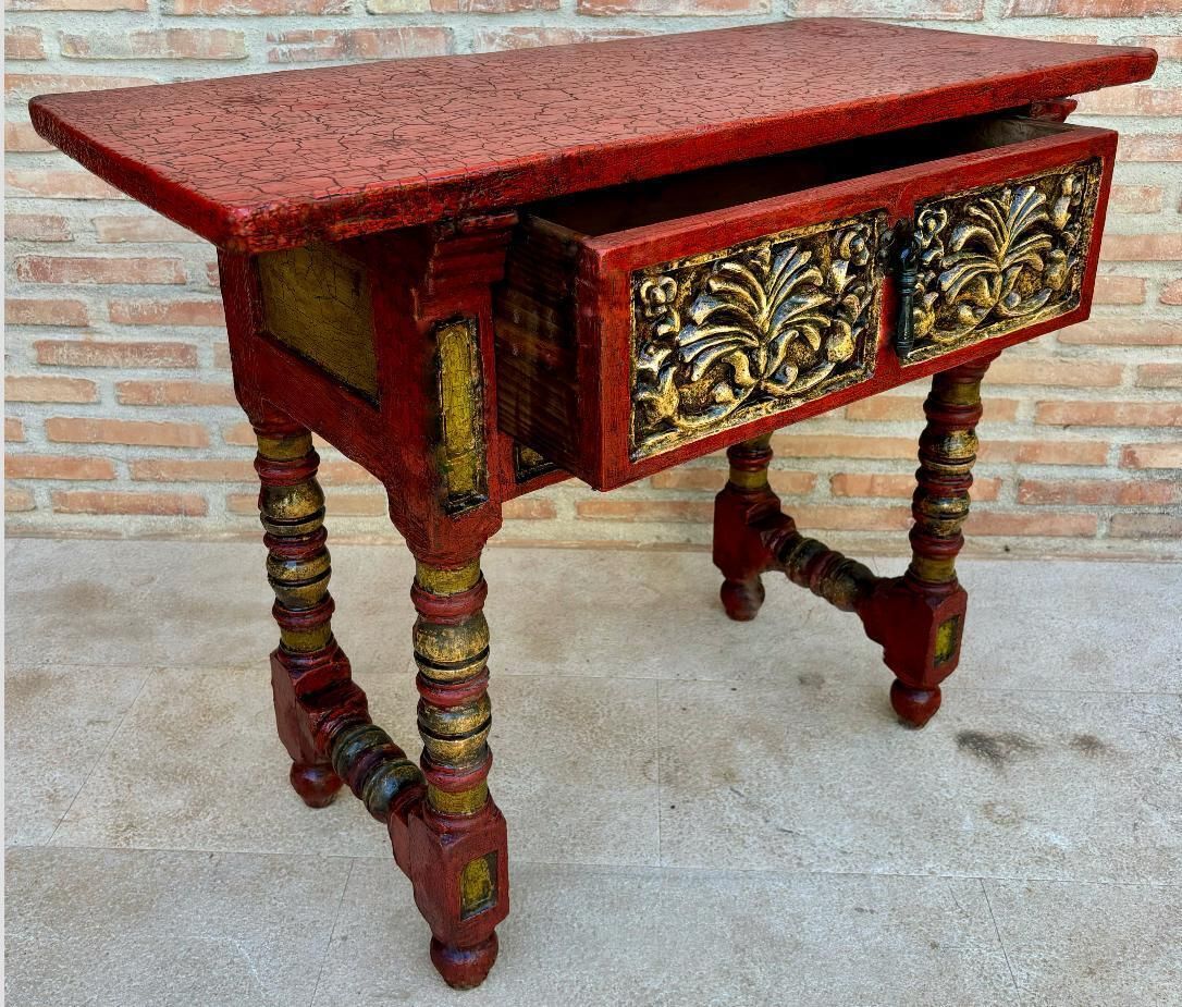 Console laquée rouge à dorures et tablier sculpté, années 1940 photo for sale