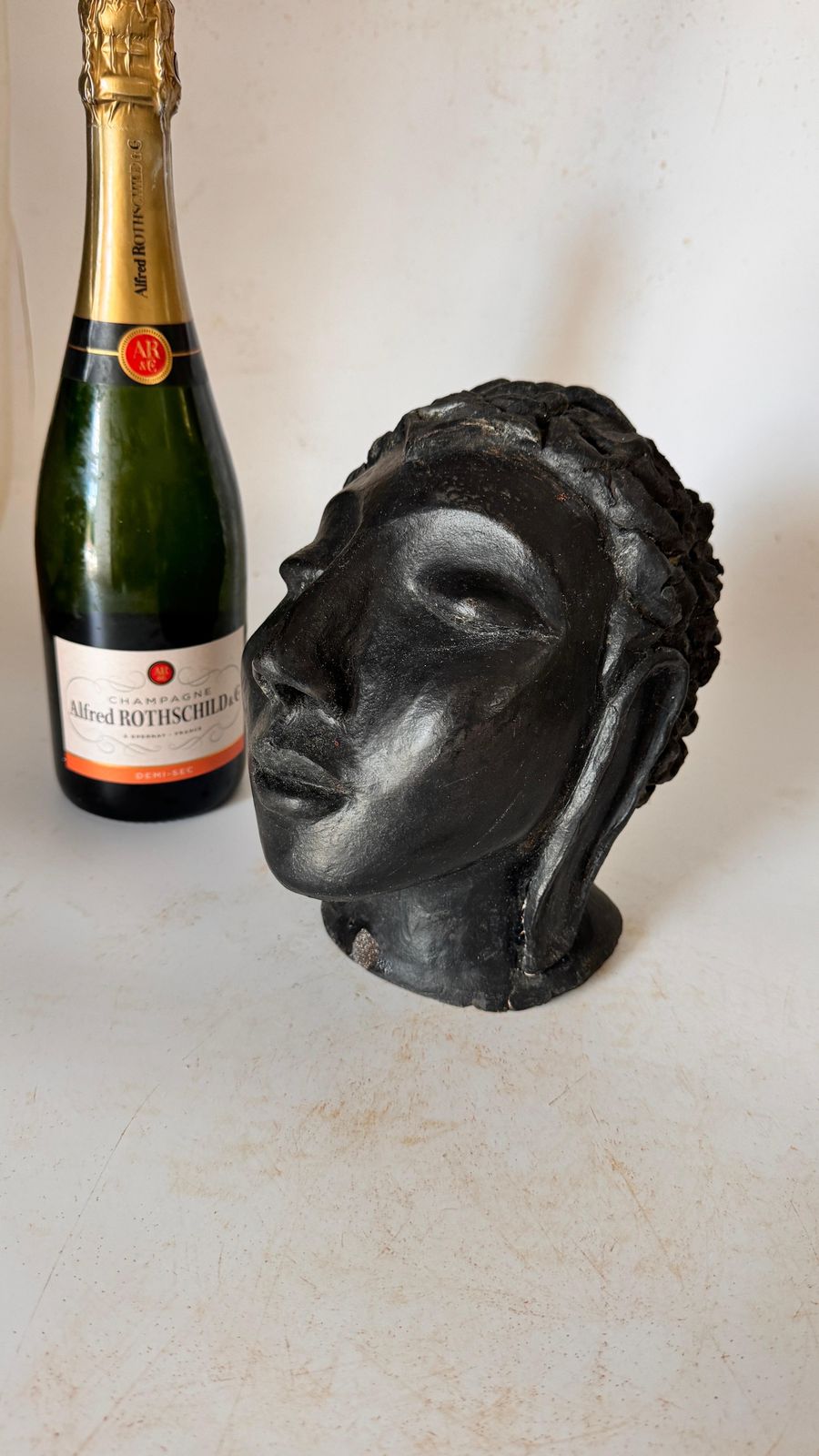 Art Deco Terracotta Sculpture Black Color Woman Head France 1940 Signed photo furniture