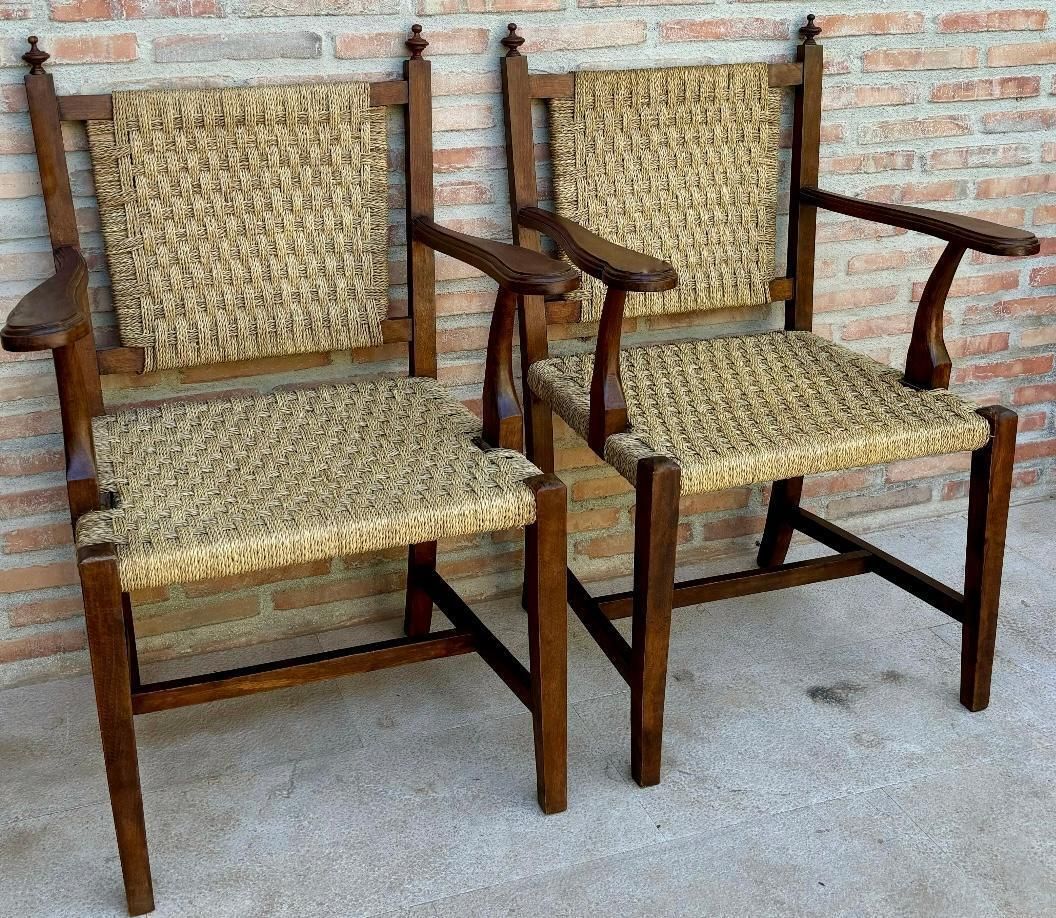 Set Of 20th Spanish Walnut Armchairs With Backs And Caned Seats, 1940 photo for sale