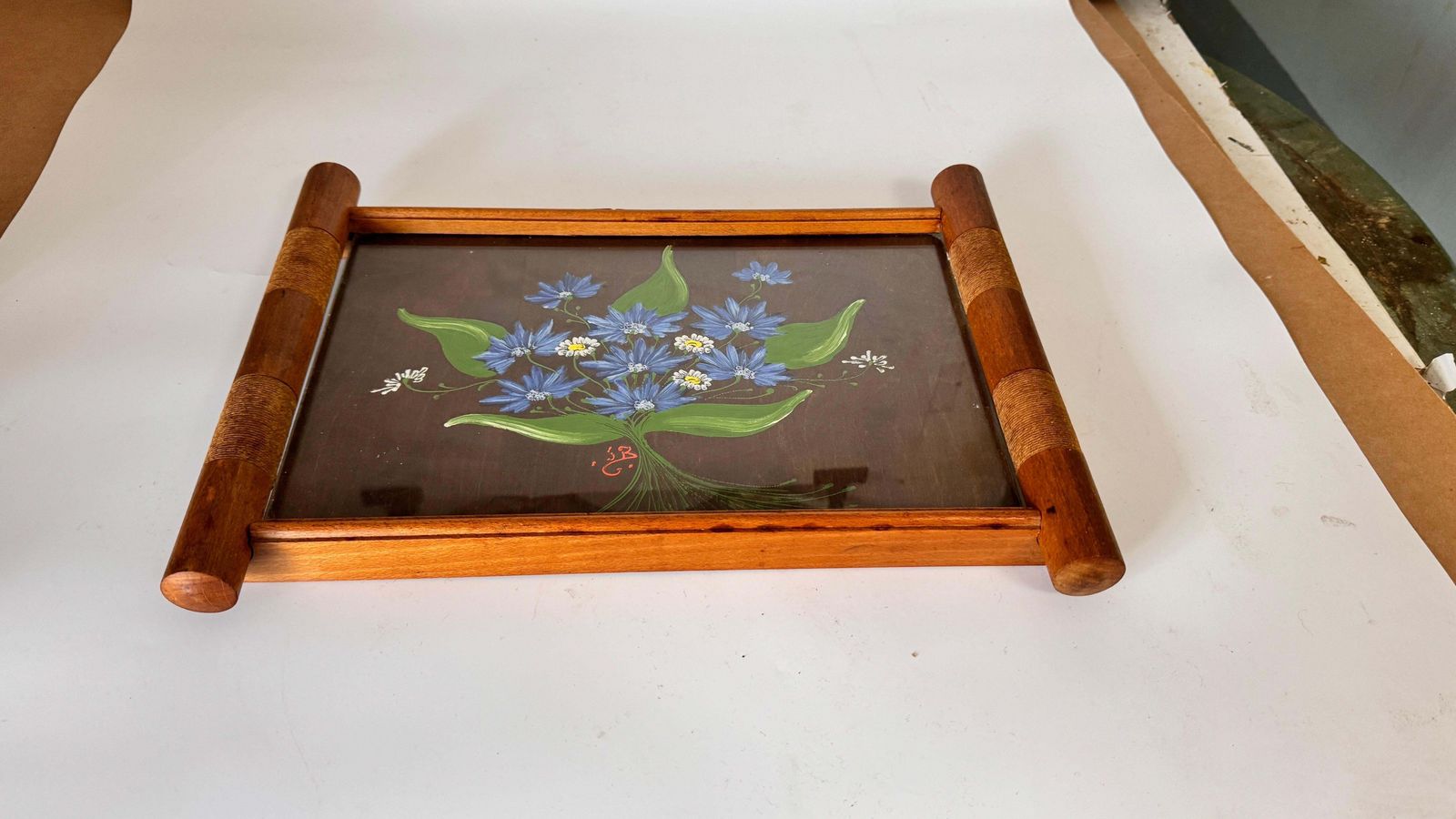 Art Deco Hand Painted Wood Tray Brown Color  France 1940 photo for sale