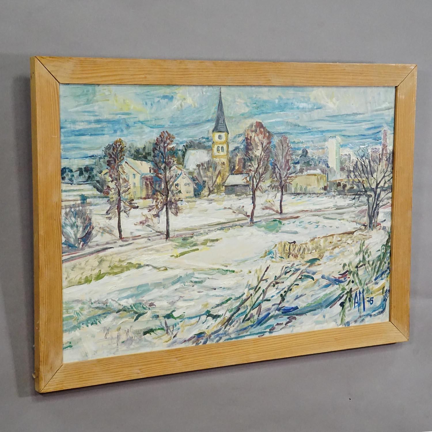 Vintage Oil Painting Of Taufkirchen, Bavaria, Alexander Michael 1975 photo furniture