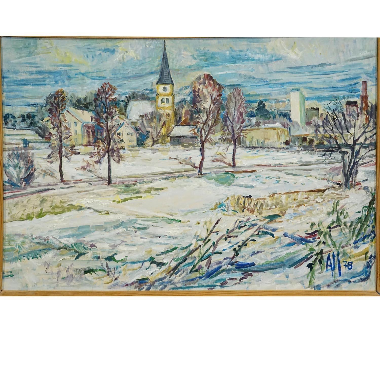 Vintage Oil Painting Of Taufkirchen, Bavaria, Alexander Michael 1975 photo for sale