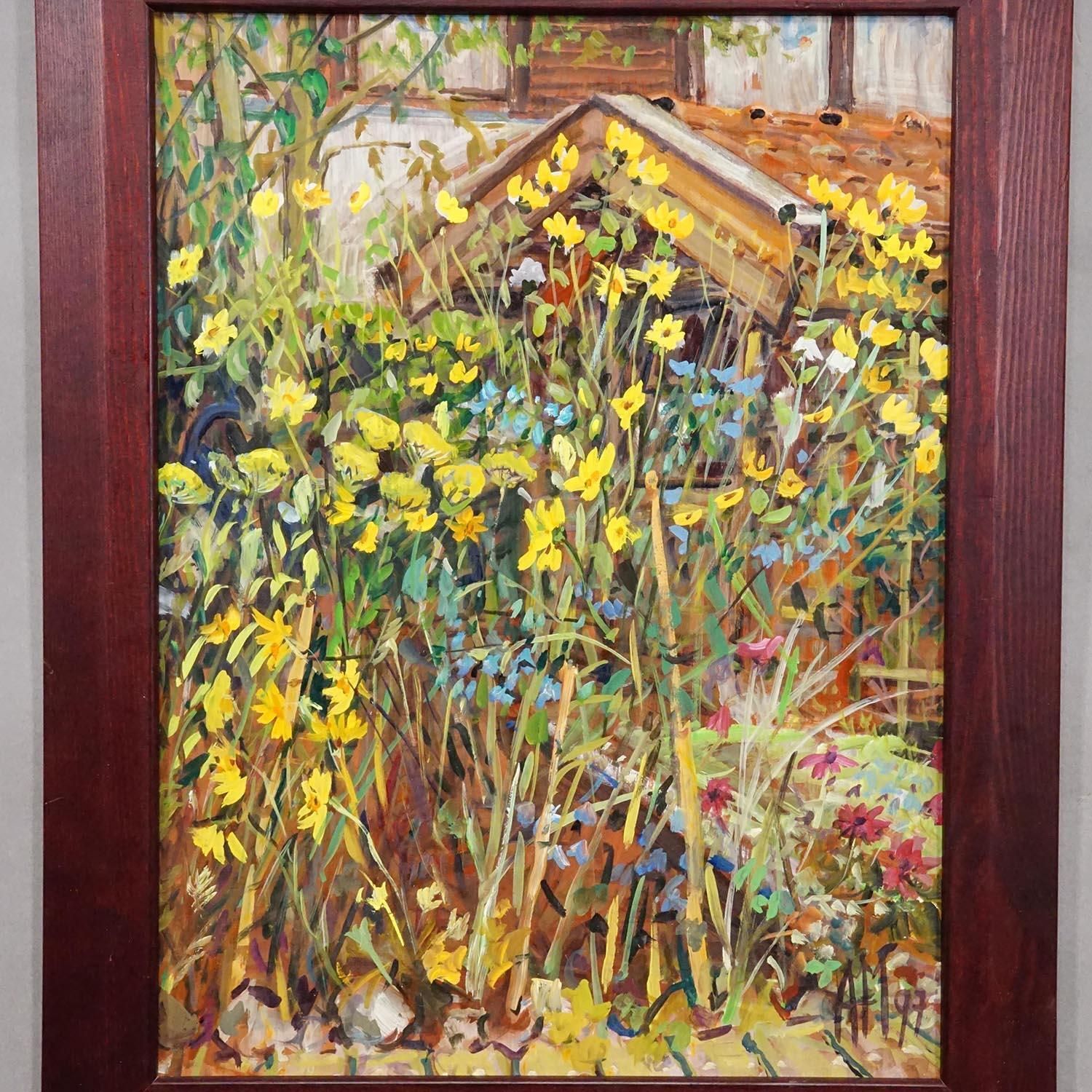 Ingelijst Olieverfschilderij Van Een Tuintafereel, Alexander Michael 1997 photo for sale
