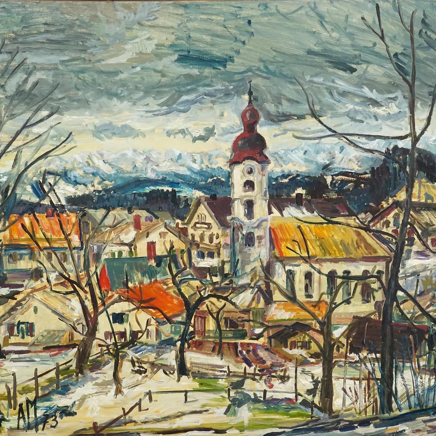 Vintage Oil Painting Of A Bavarian Village, Alexander Michael 1973 photo Art