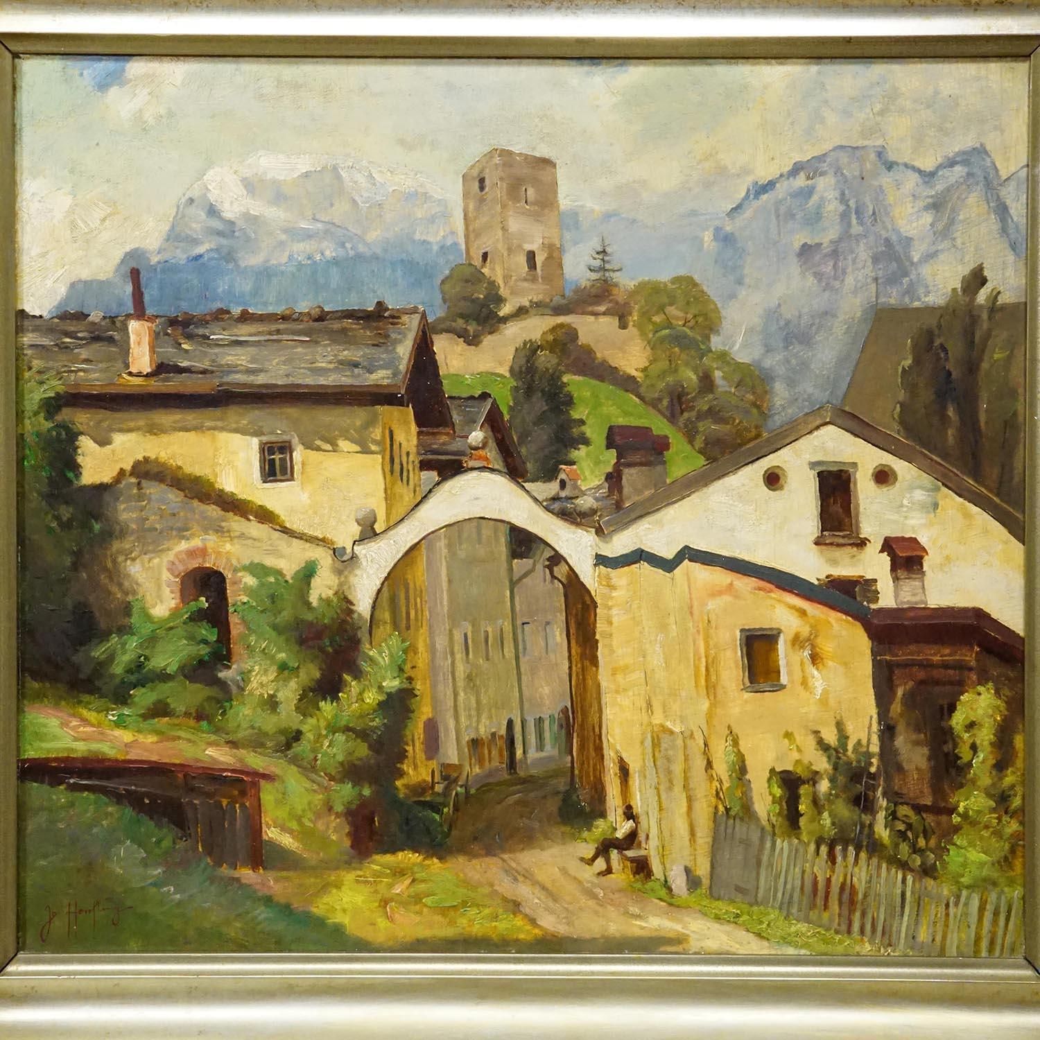 Biedermeier Painting Of An European Alpine Village Late 19th Century photo for sale