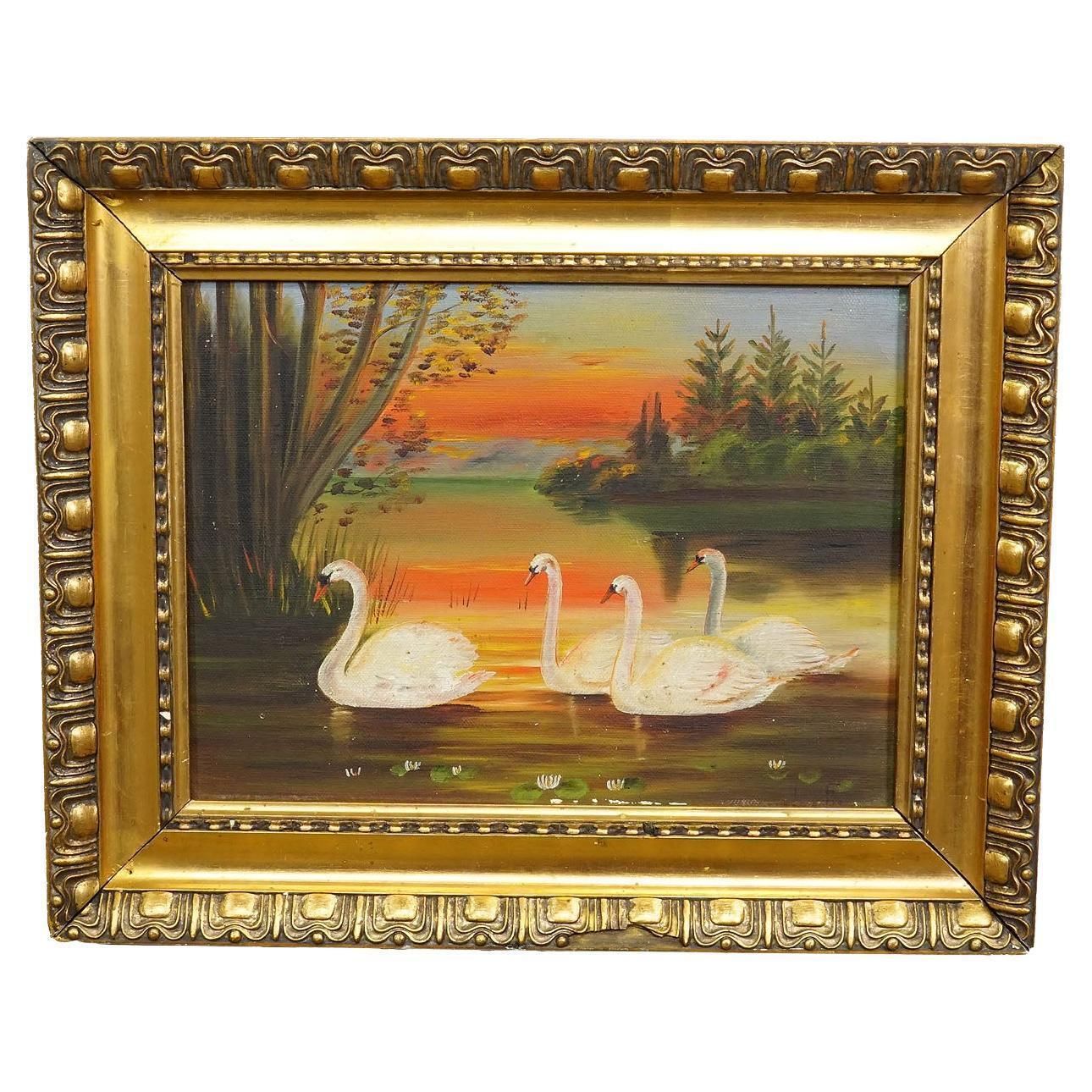 19th Century Painting With Swans On A Lake At Sunset