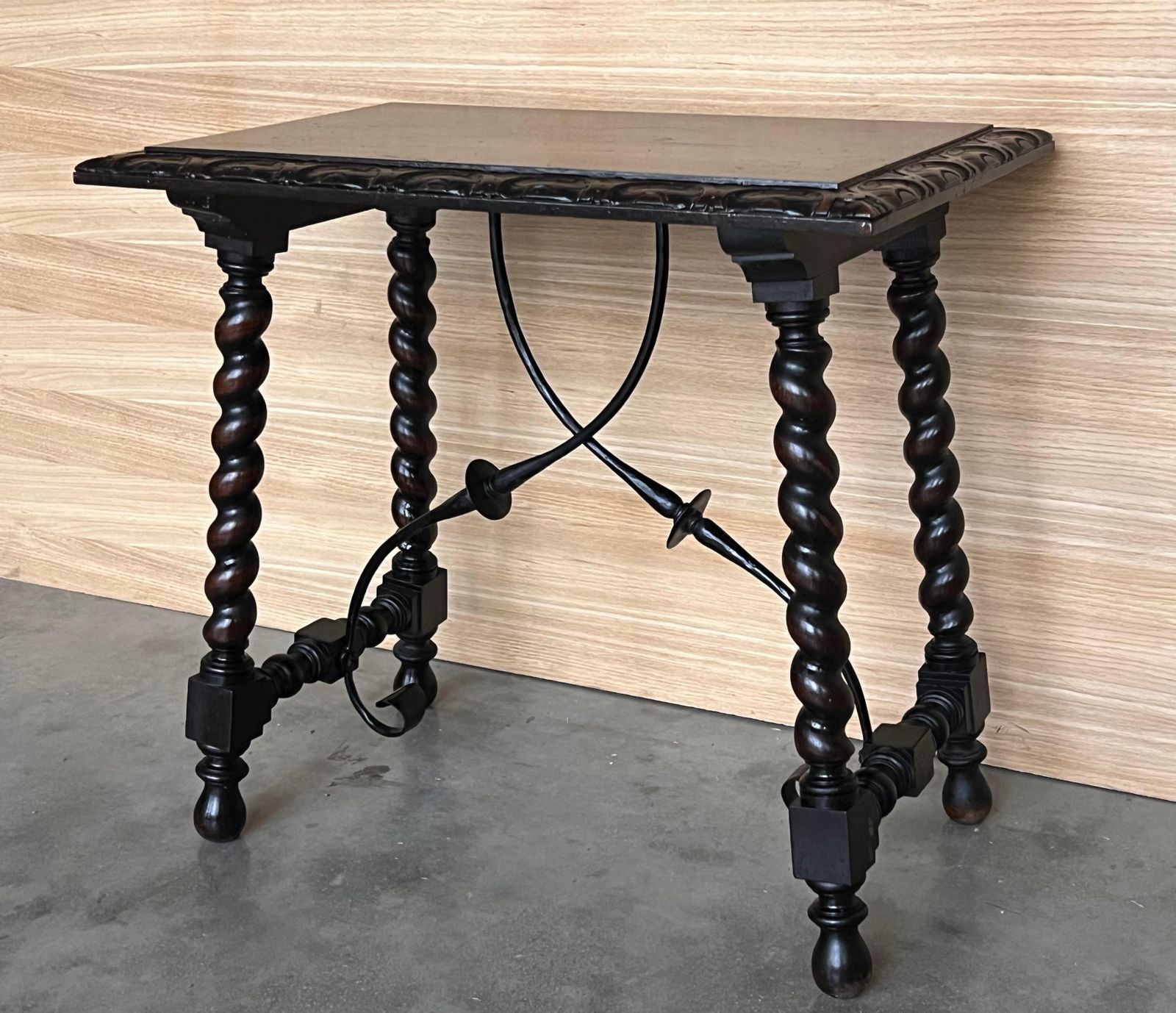 19th Spanish Side Table With Cared Turned Legs And Iron Stretcher photo Furniture