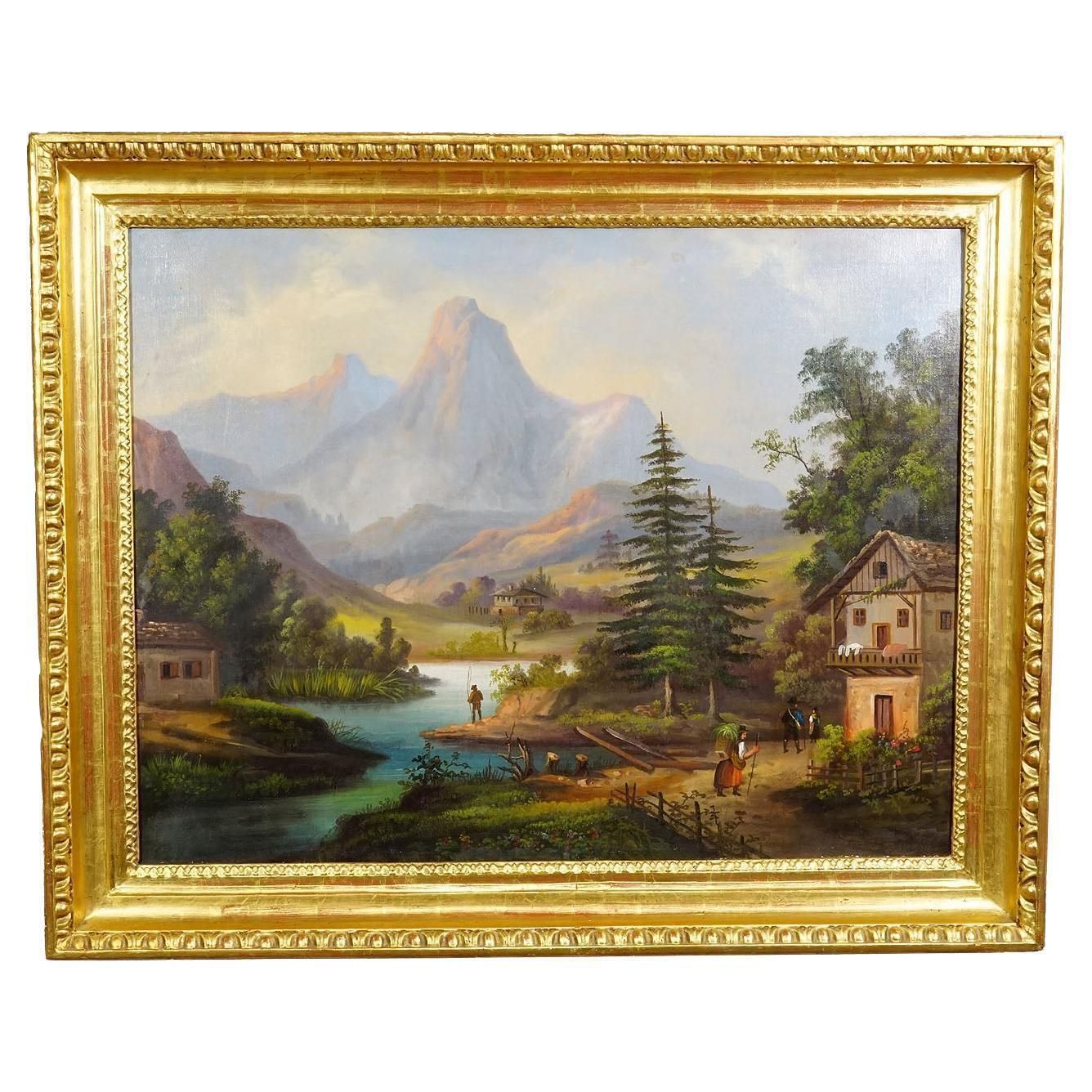 19th Century Biedermeier Landscape Painting With River And Mountain Hut