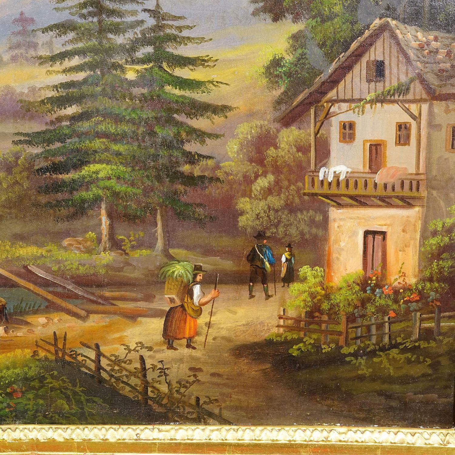 19th Century Biedermeier Landscape Painting With River And Mountain Hut photo for sale