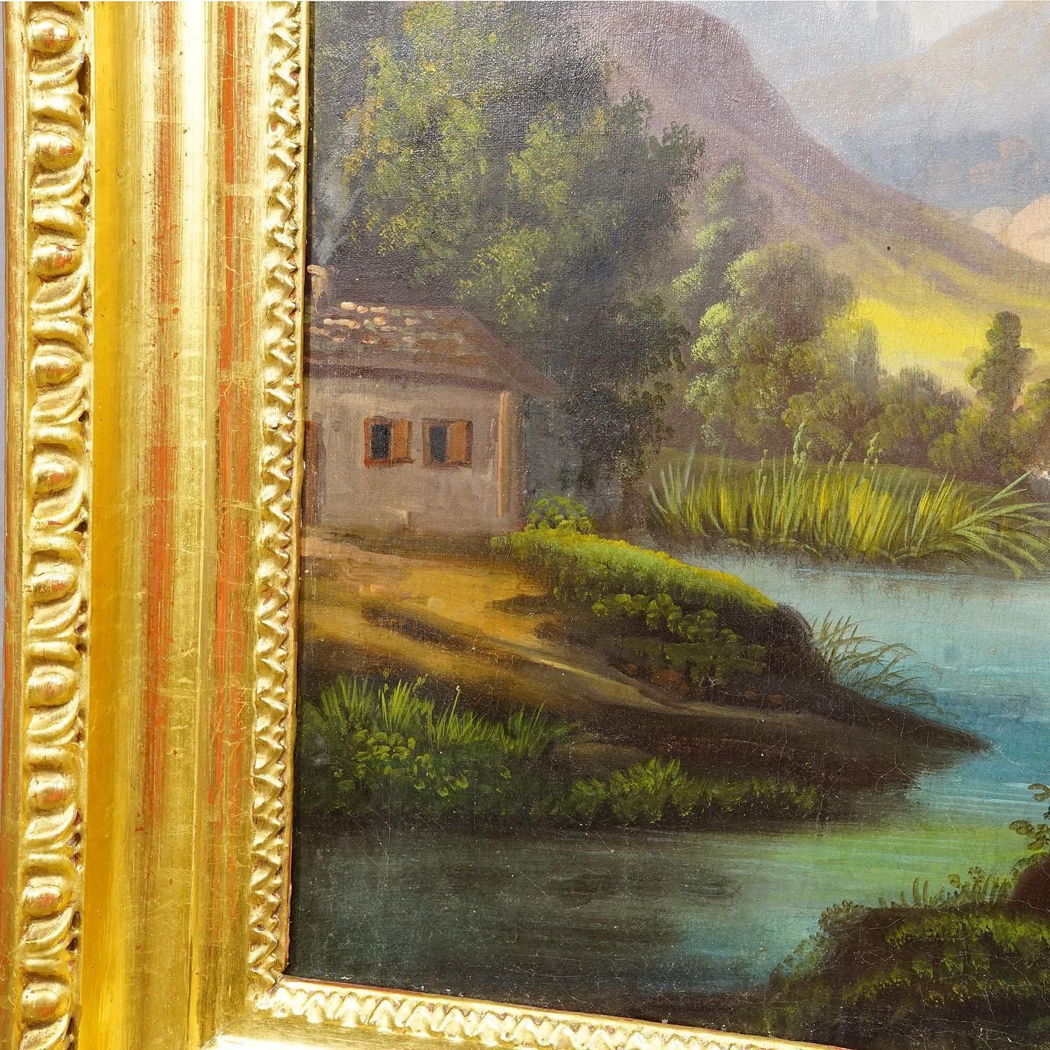 19th Century Biedermeier Landscape Painting With River And Mountain Hut photo 1127.0