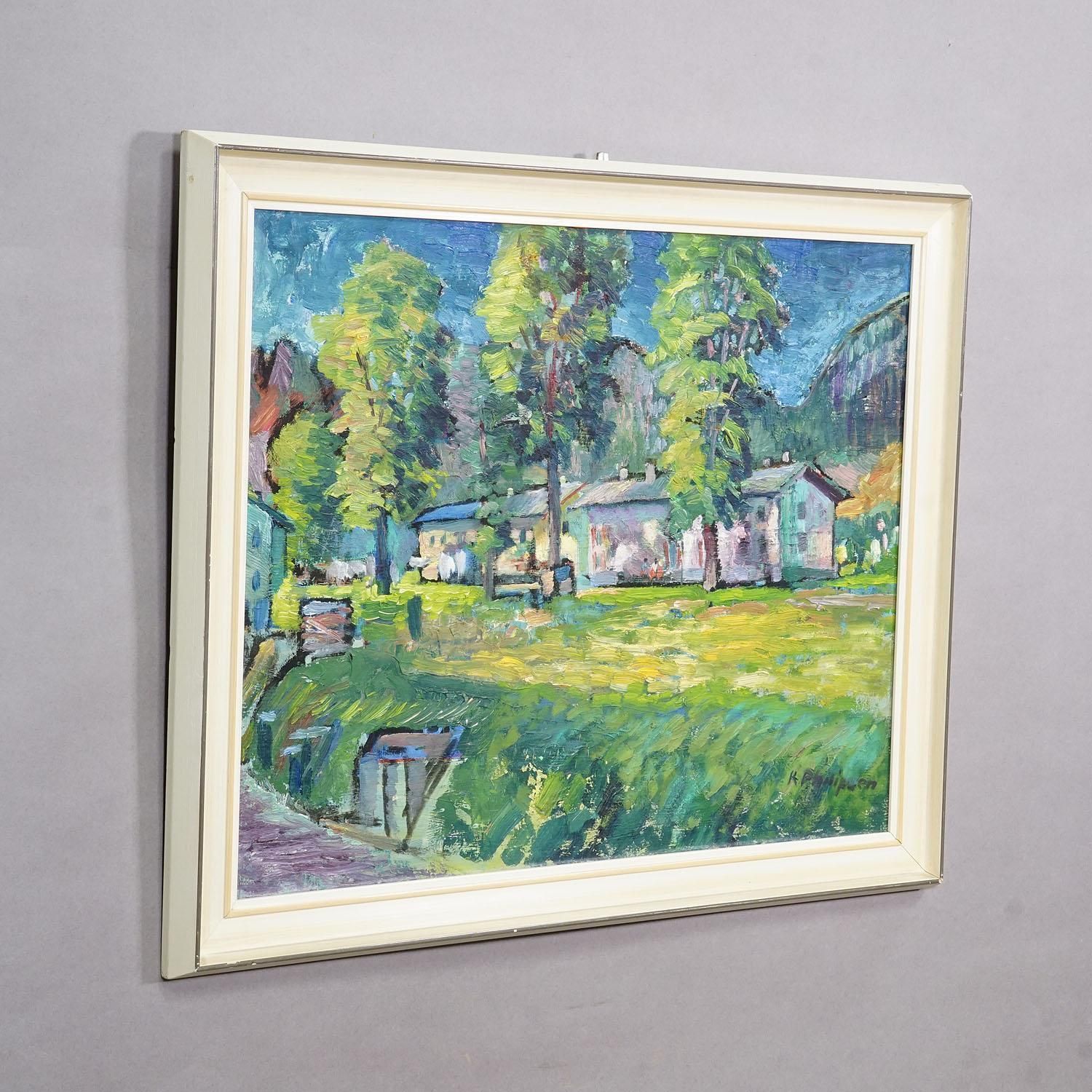 Impressionistic Painting Of A Garden With Buildings In The Background photo furniture