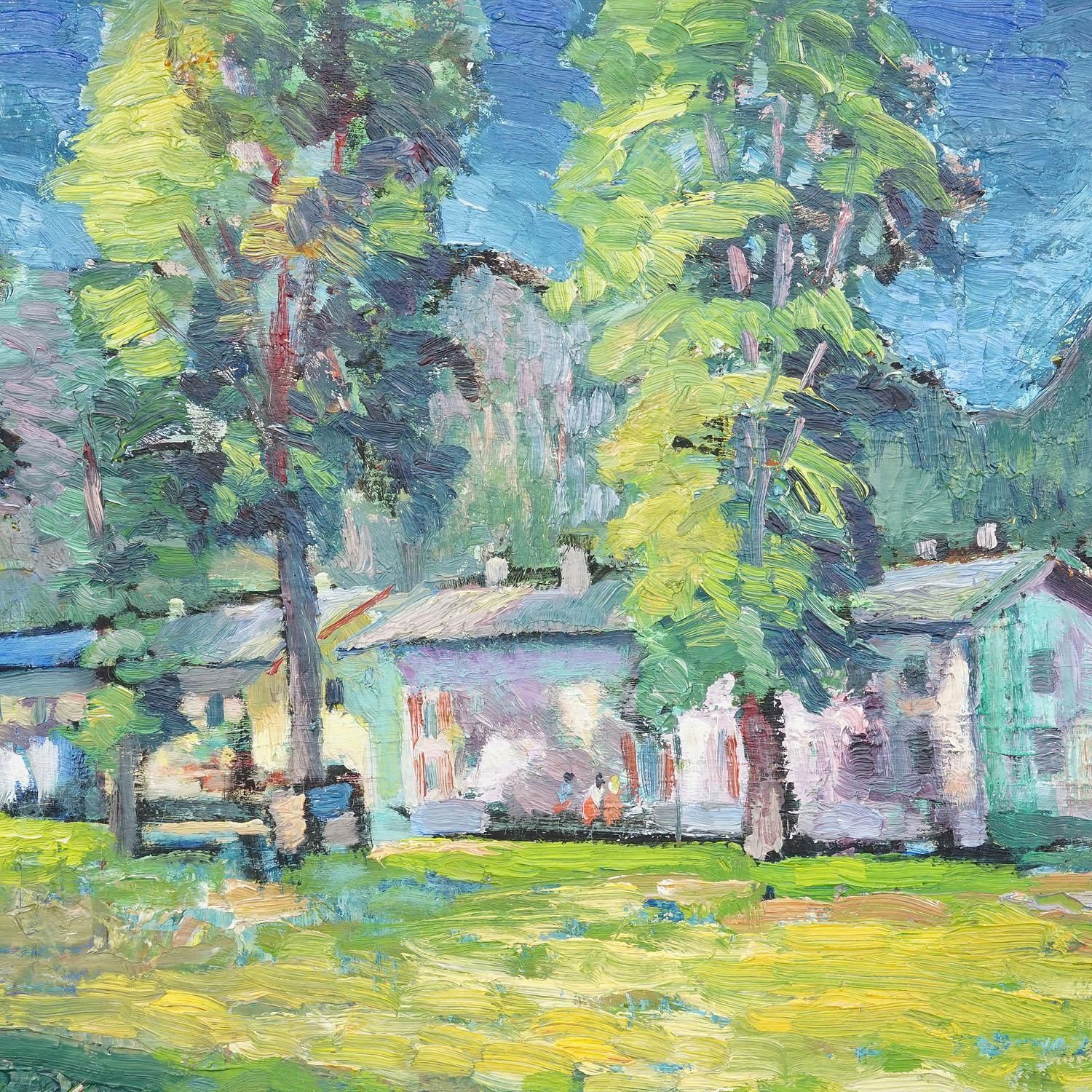 Impressionistic Painting Of A Garden With Buildings In The Background photo for sale