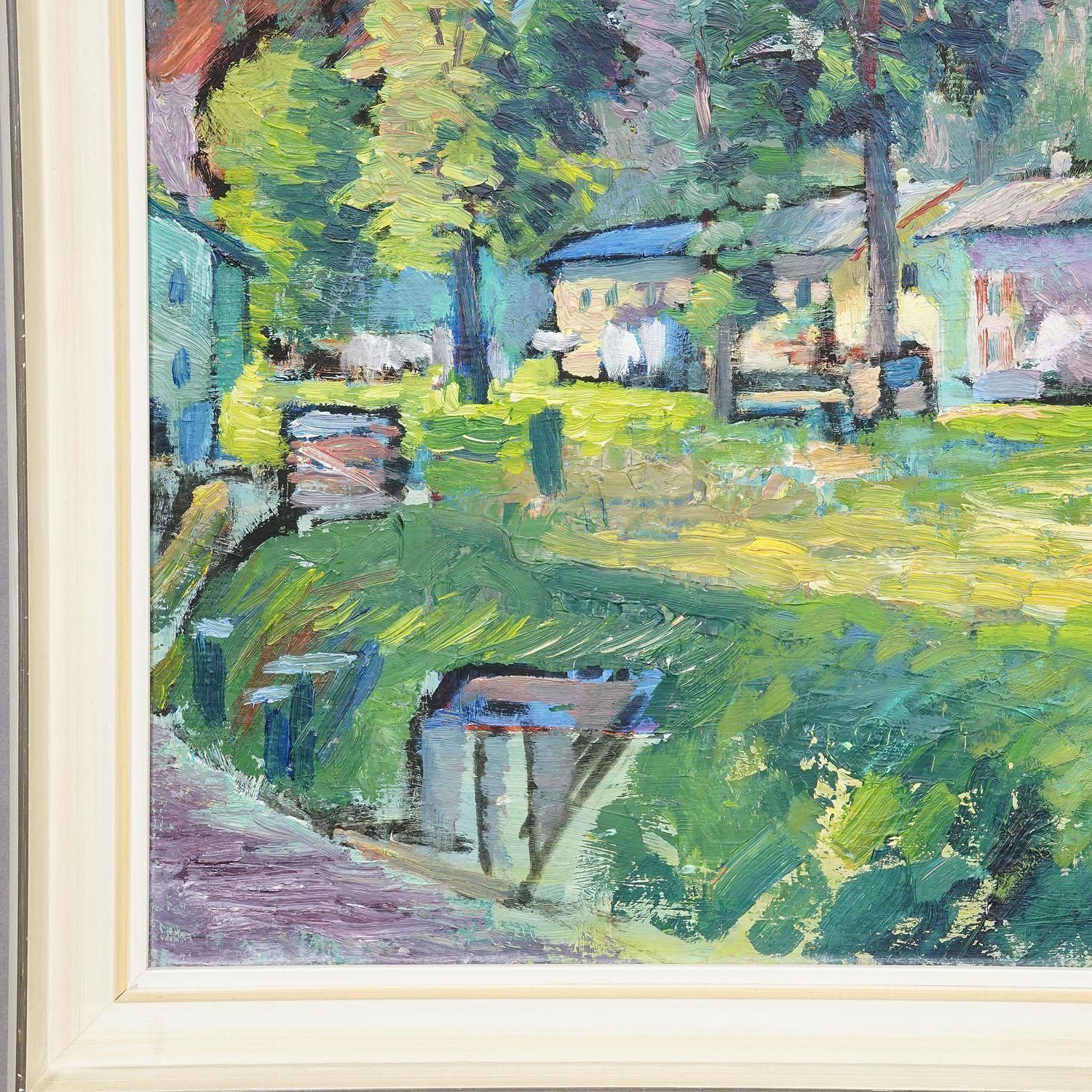 Impressionistic Painting Of A Garden With Buildings In The Background photo Art